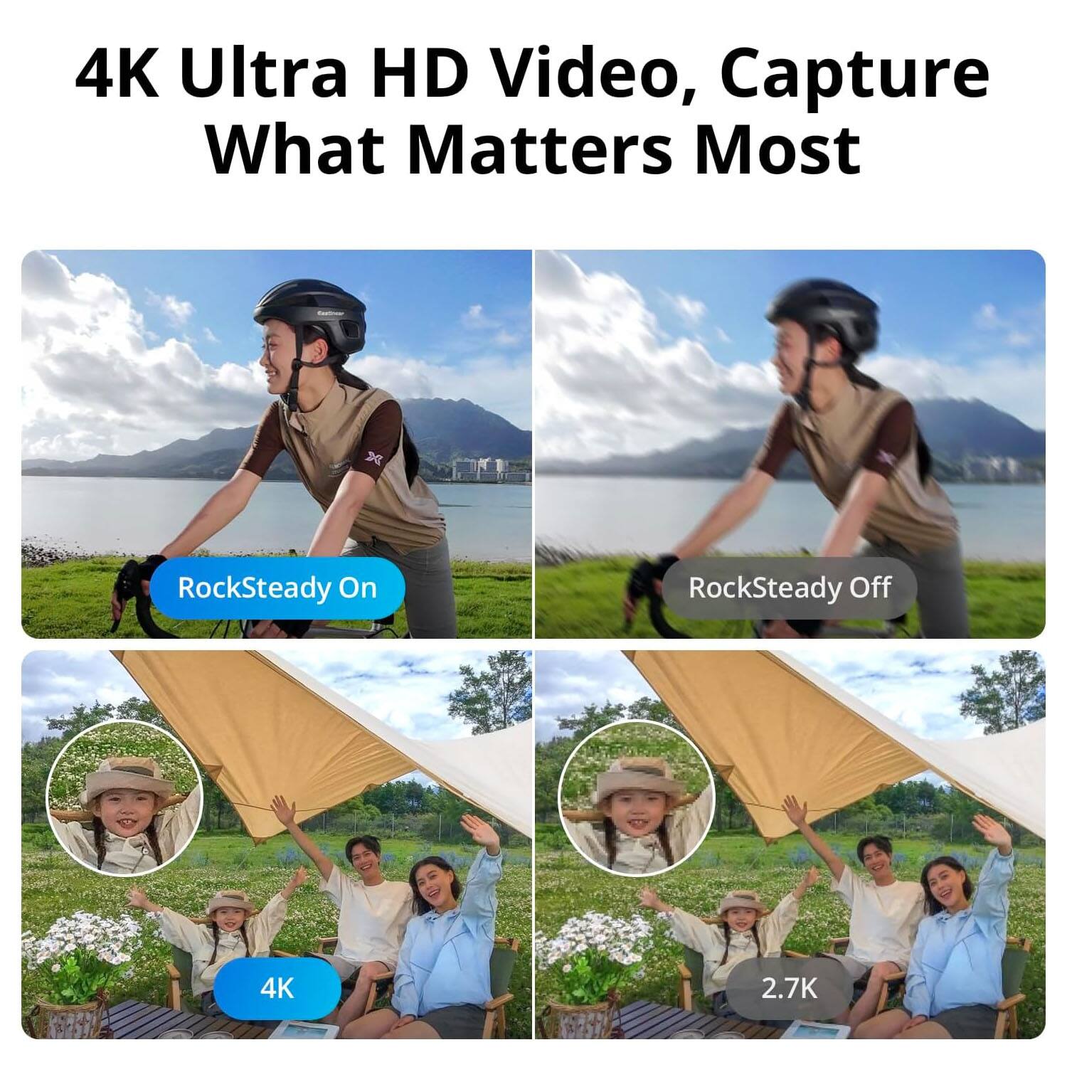 4K Ultra HD Video, Capture What Matters Most

RockSteady On  
RockSteady Off

4K  
2.7K