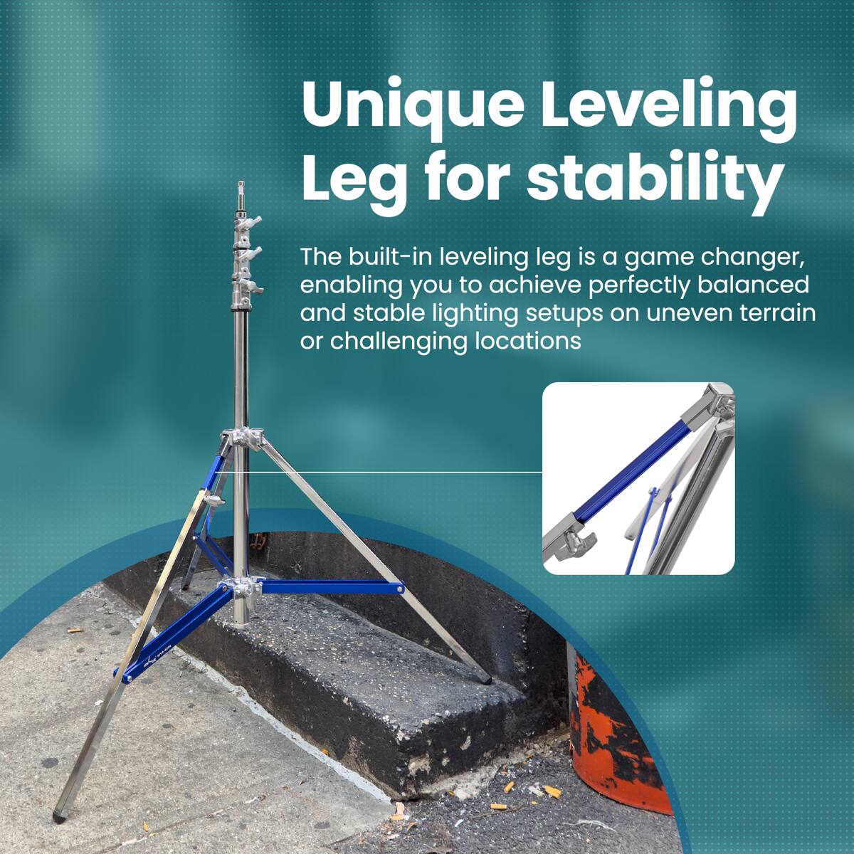 Unique Leveling Leg for stability

The built-in leveling leg is a game changer, enabling you to achieve perfectly balanced and stable lighting setups on uneven terrain or challenging locations
