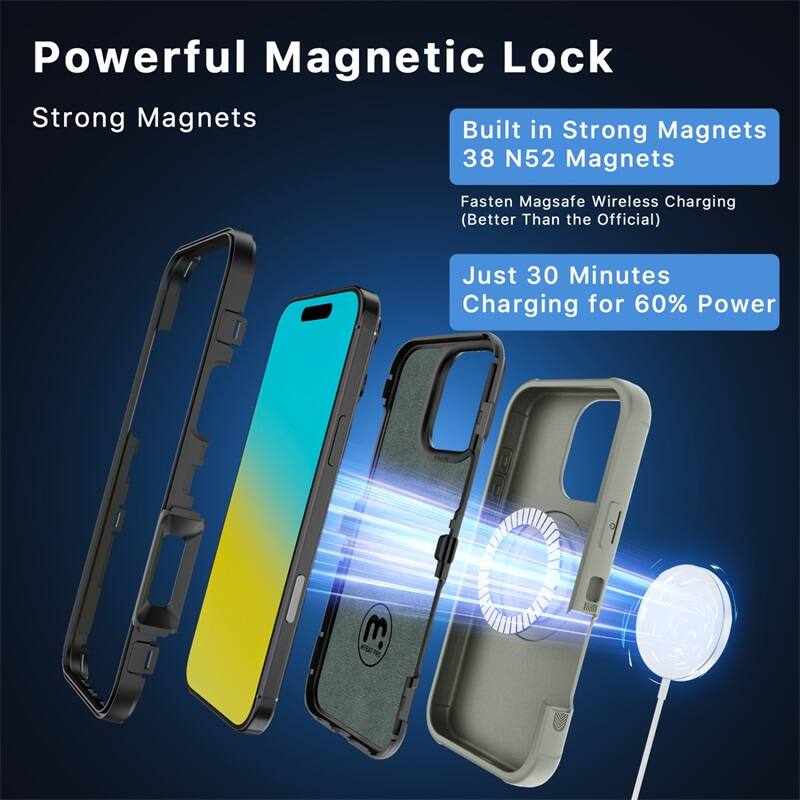 Powerful Magnetic Lock, Strong Magnets, Built in Strong Magnets, 38 N52 Magnets, Fasten Magsafe Wireless Charging (Better Than the Official), Just 30 Minutes Charging for 60% Power