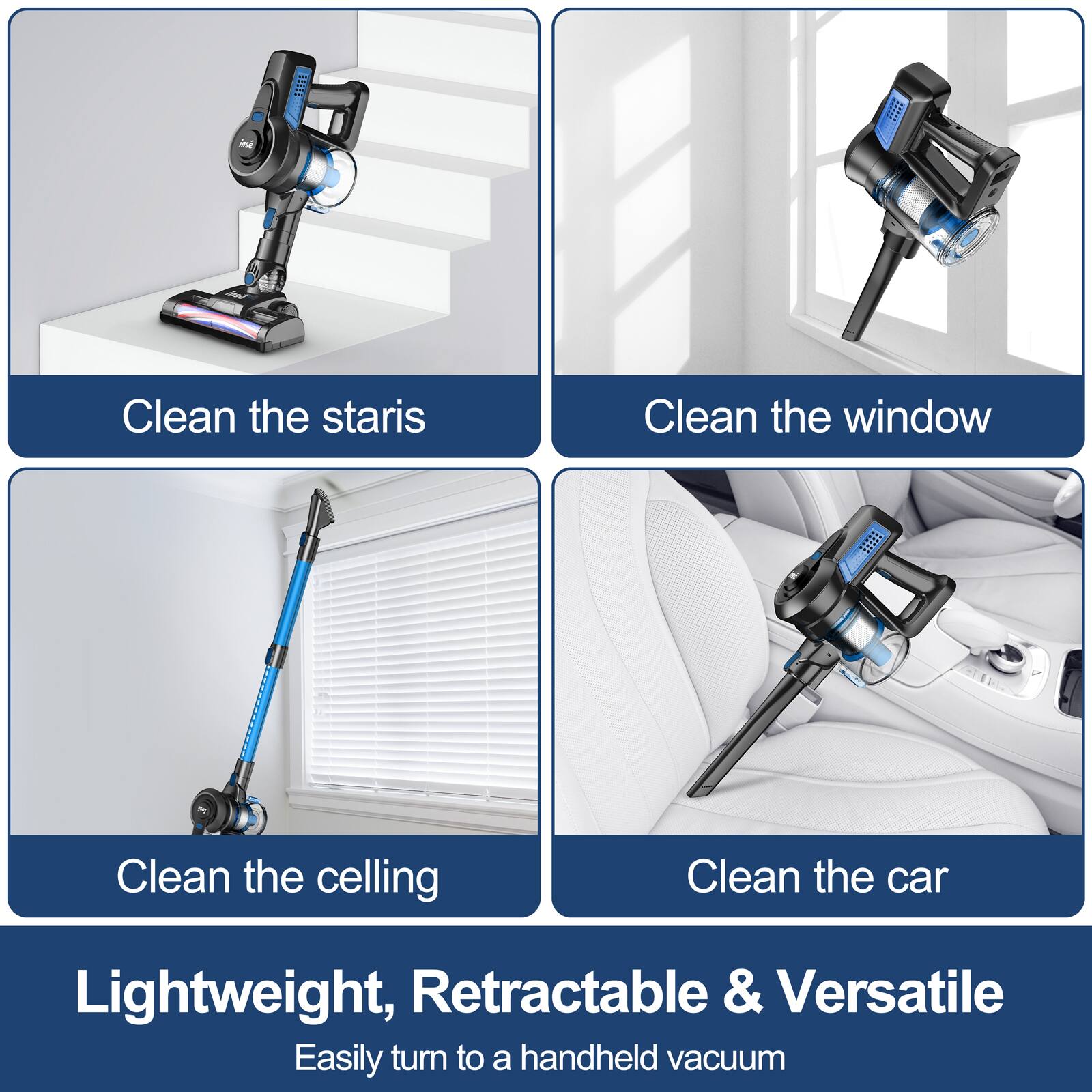 INSE N650 Cordless Vacuum Cleaner, 6 in 1 Rechargeable Stick