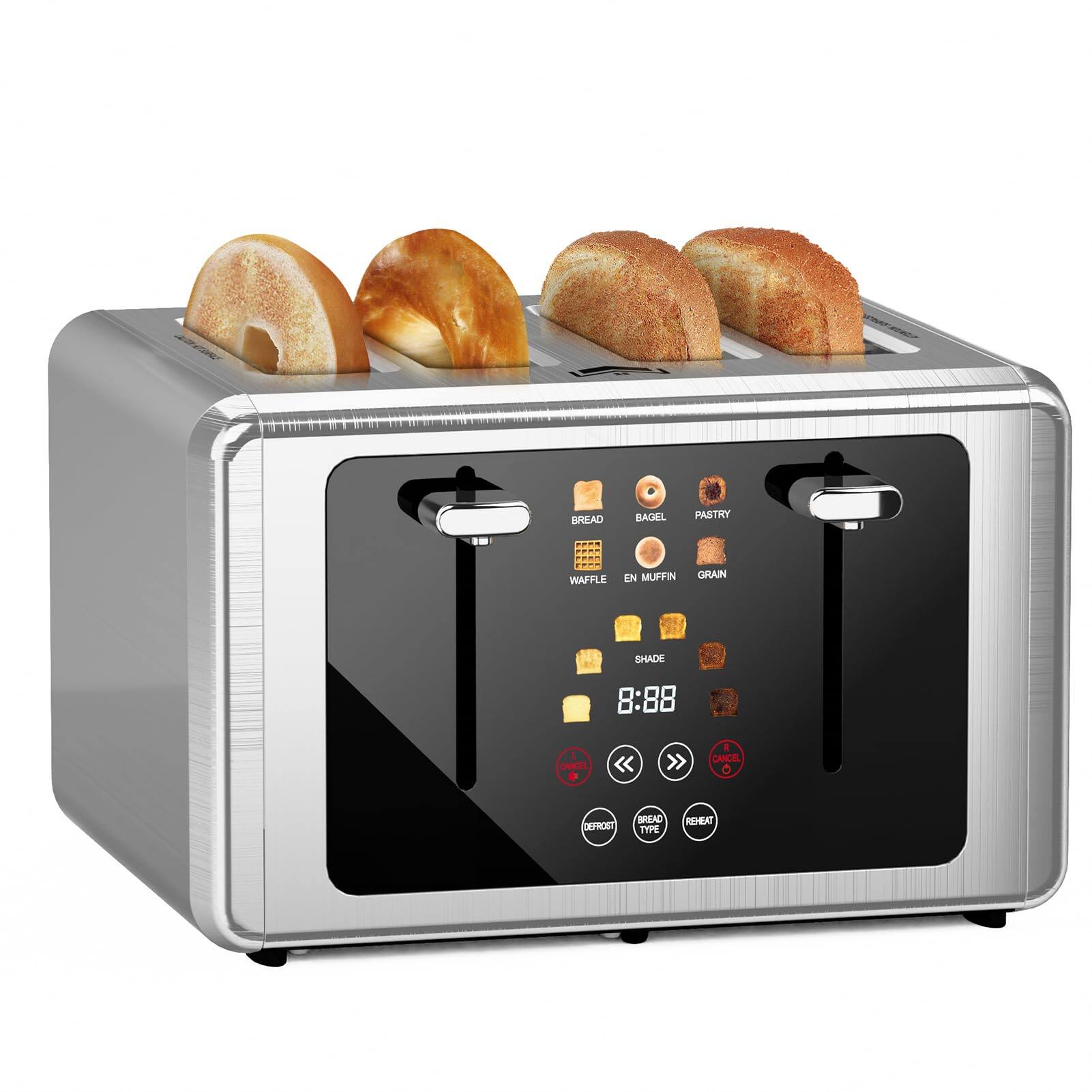 Sure, here is the corrected and grouped text from the image:
- BREAD
- BAGEL
- PASTRY
- WAFFLE
- EN. MUFFIN
- GRAIN
- SHADE
- 8:88
- CANCEL
- BREAD TYPE
- REHEAT
- DEFROST