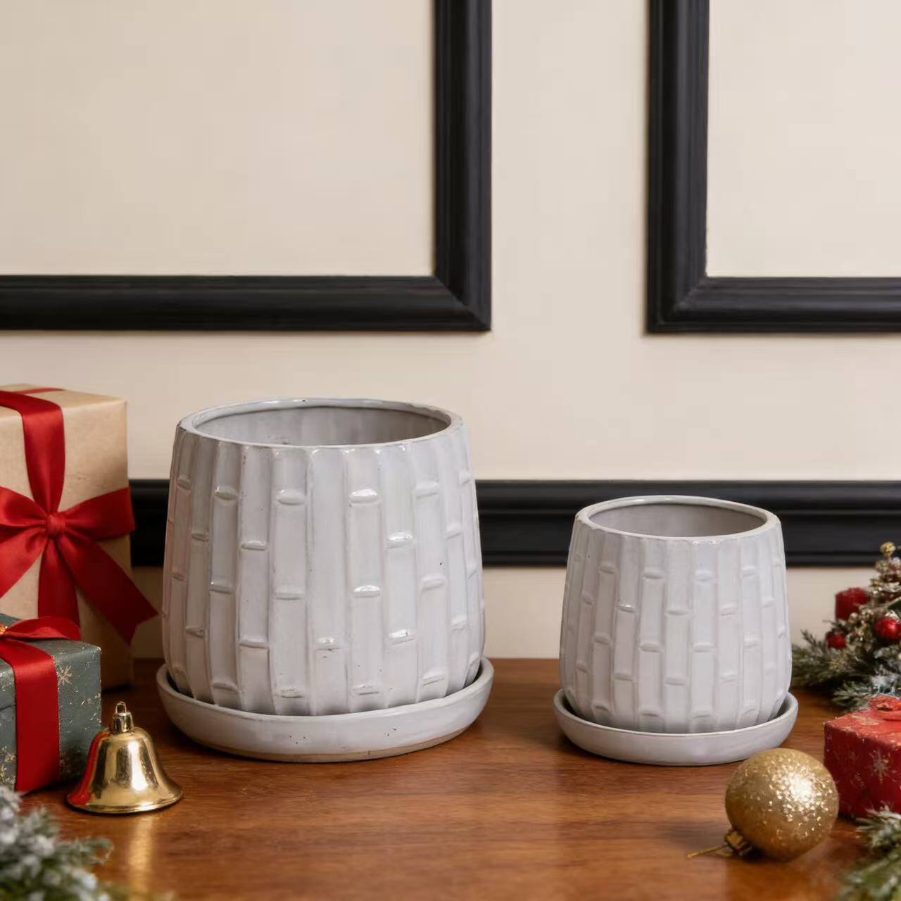 Alt View 1. Loheer - Loheer Orchid Pot Set White Ceramic Planters Set of 2, Handmade Glazed Bamboo Pattern, 6 in 8 in Indoor Outdoor.