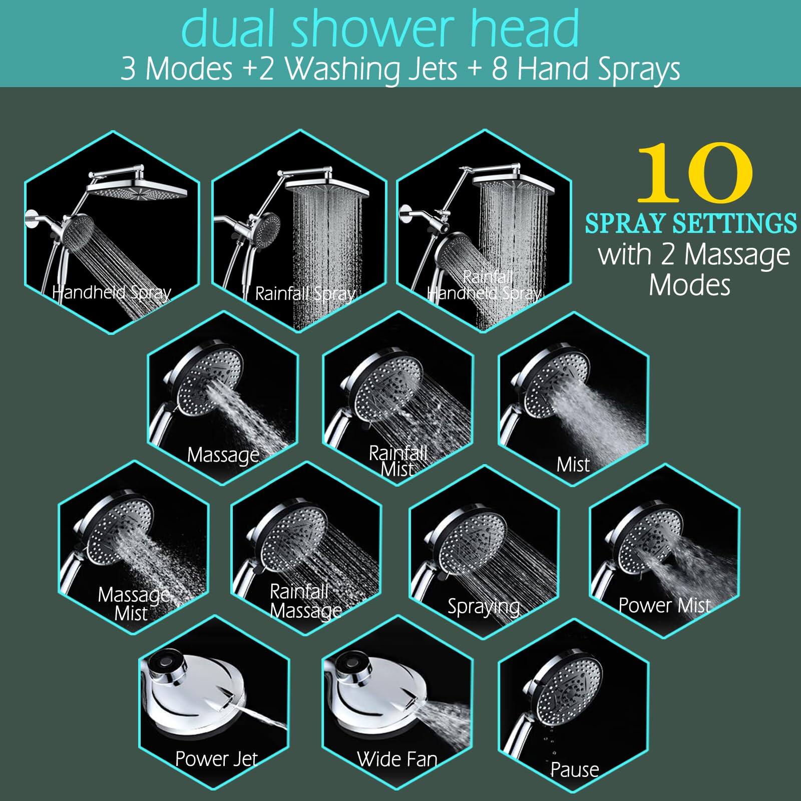 dual shower head  
3 Modes +2 Washing Jets + 8 Hand Sprays  

10 SPRAY SETTINGS with 2 Massage Modes  

- Handheld Spray  
- Rainfall Spray  
- Massage  
- Rainfall Mist  
- Mist  
- Massage Mist  
- Rainfall Massage  
- Spraying  
- Power Mist  
- Power Jet  
- Wide Fan  
- Pause