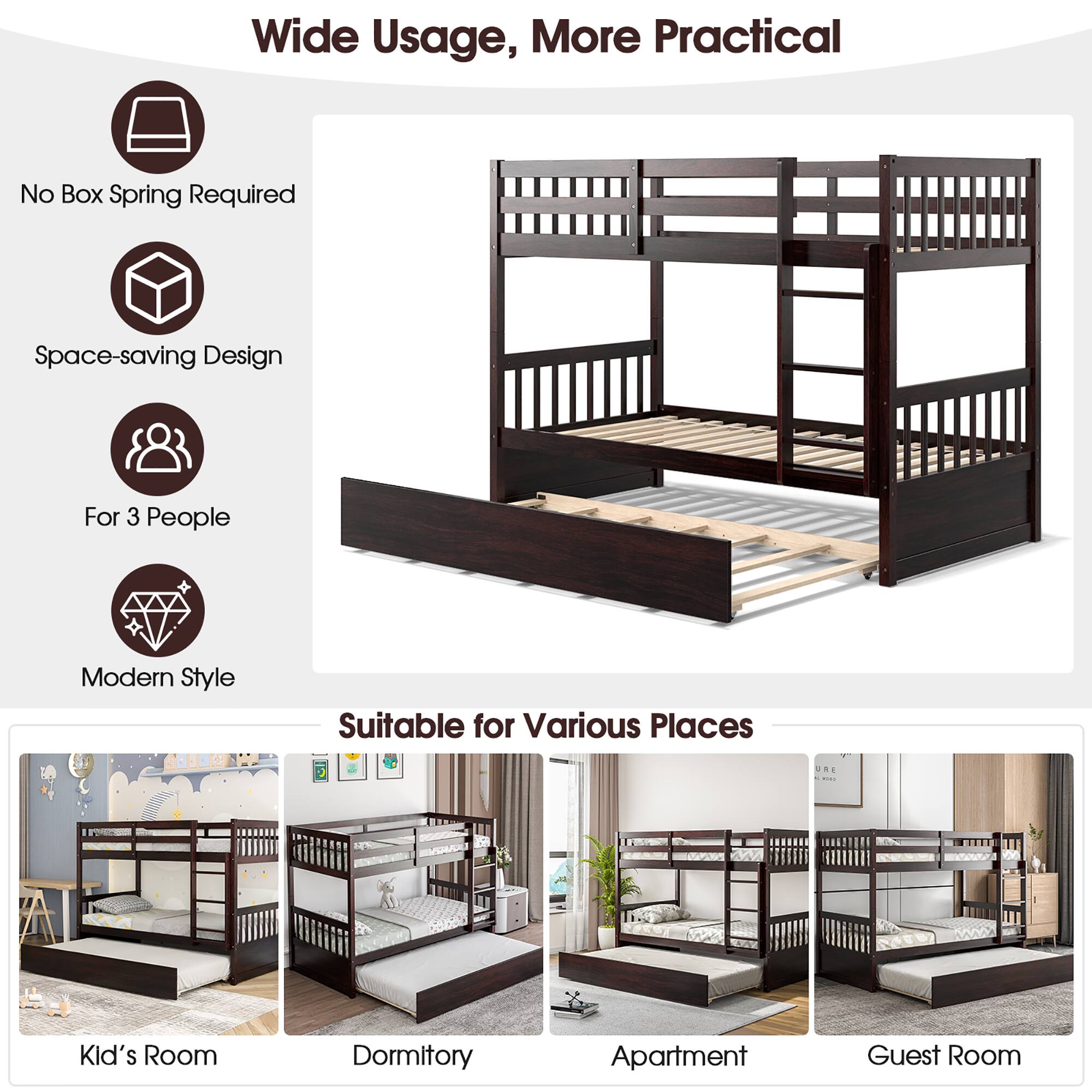 Wide Usage, More Practical

- No Box Spring Required
- Space-saving Design
- For 3 People
- Modern Style

Suitable for Various Places

- Kid's Room
- Dormitory
- Apartment
- Guest Room