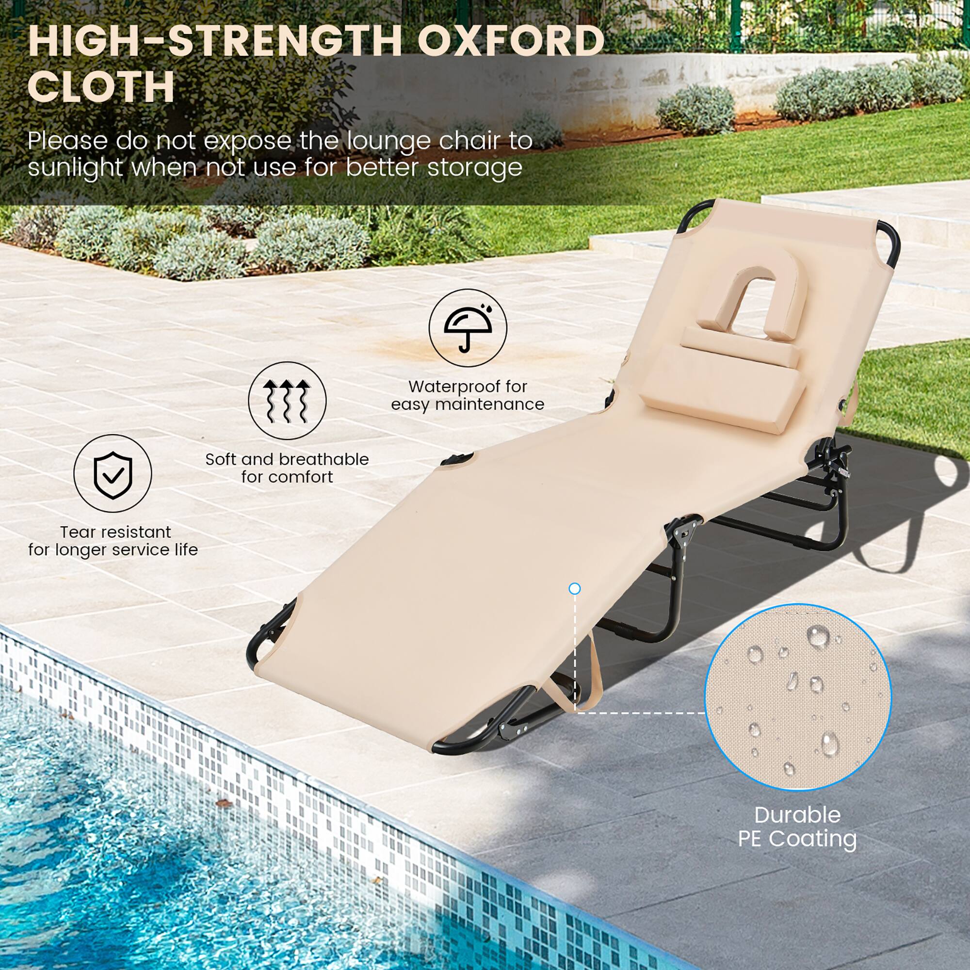 HIGH-STRENGTH OXFORD CLOTH
Please do not expose the lounge chair to sunlight when not use for better storage
Waterproof for easy maintenance
Soft and breathable for comfort
Tear resistant for longer service life
Durable PE Coating