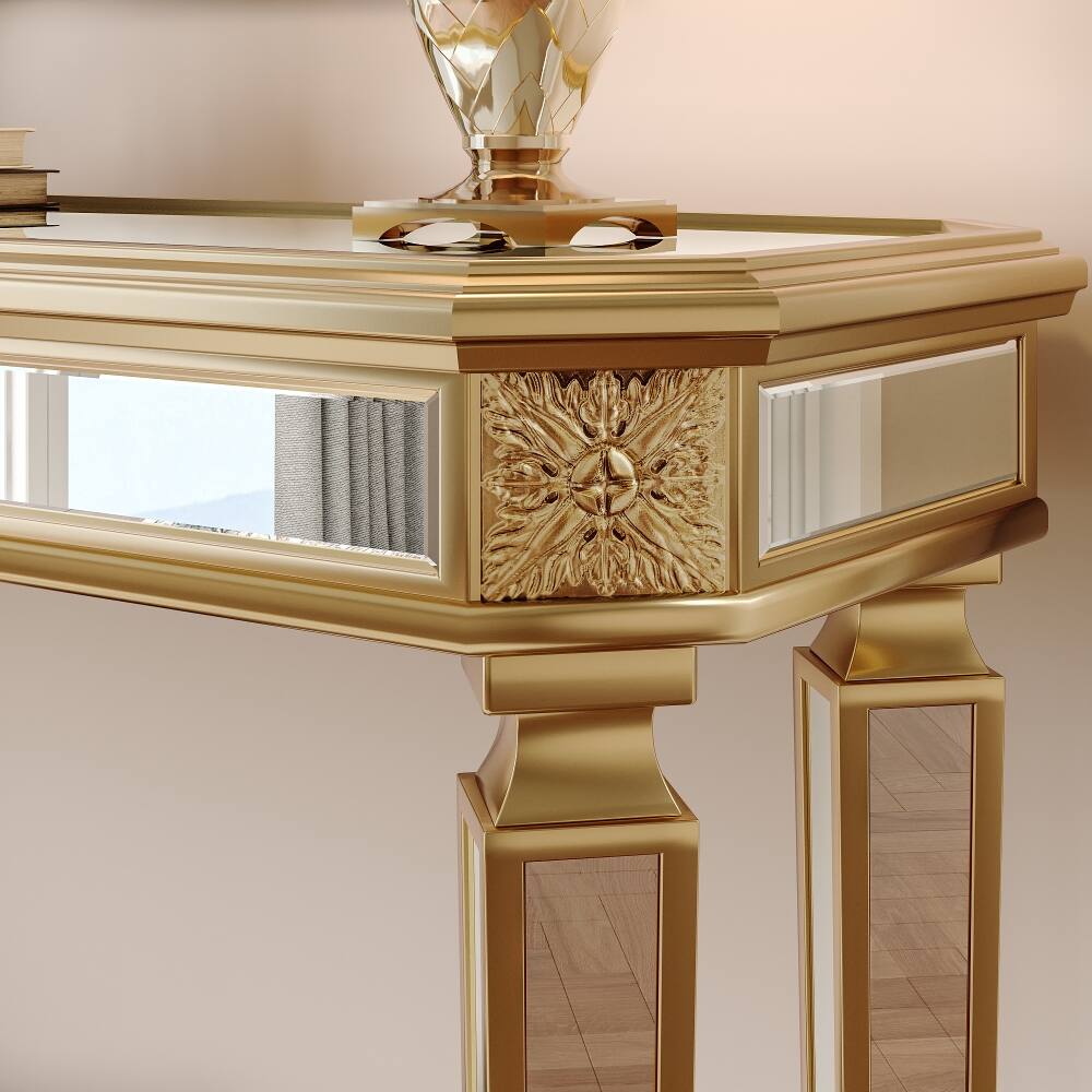 Back. Loheer - Loheer Gold Mirrored Console Table, Vintage Wood Carved Entryway Table, 48 Inch Living Room Console - Gold.