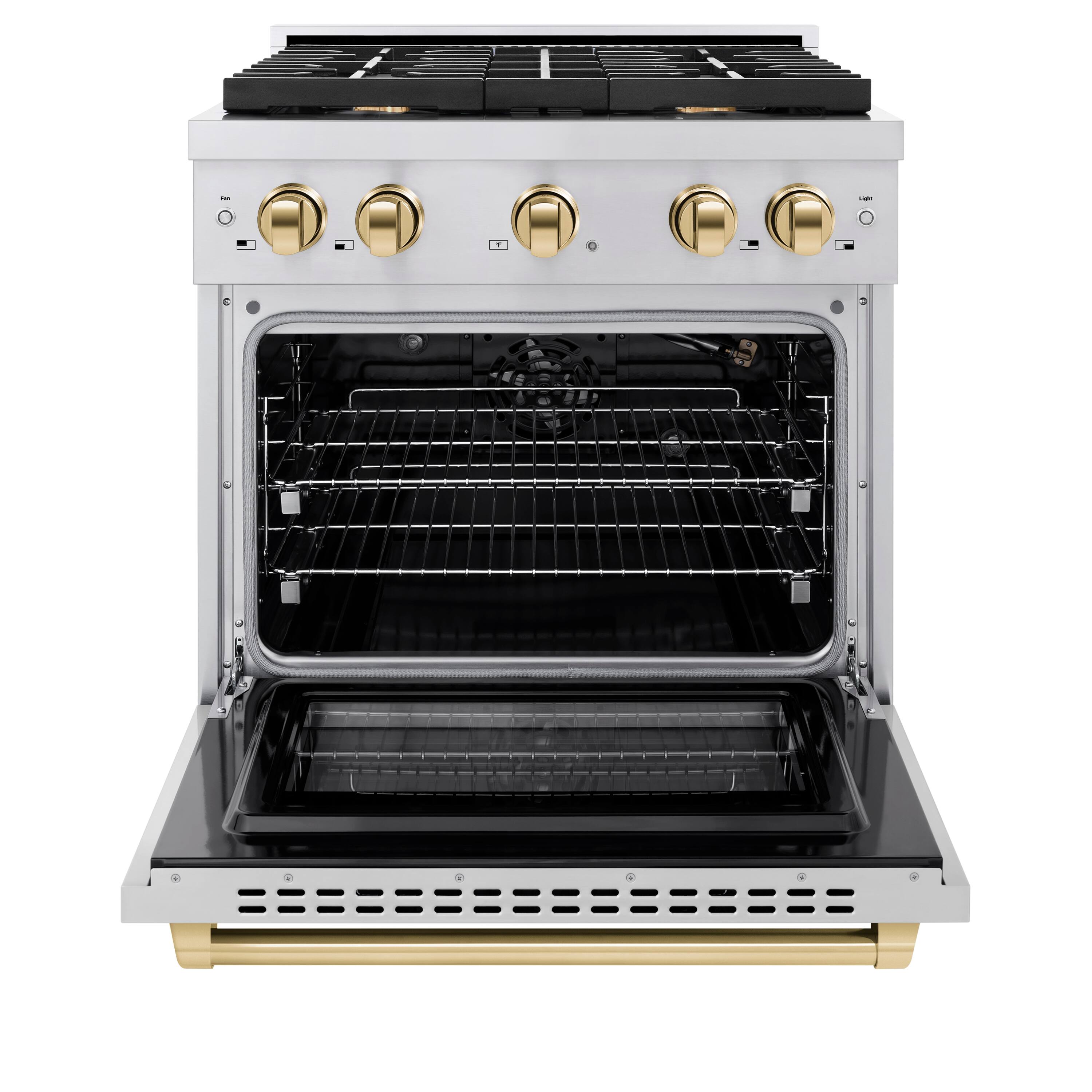 Angle. ZLINE - Autograph Edition 30" Paramount Gas Range w/ 4 Burners & Polished Gold Accents (SGRZ-30-G) - Stainless Steel.