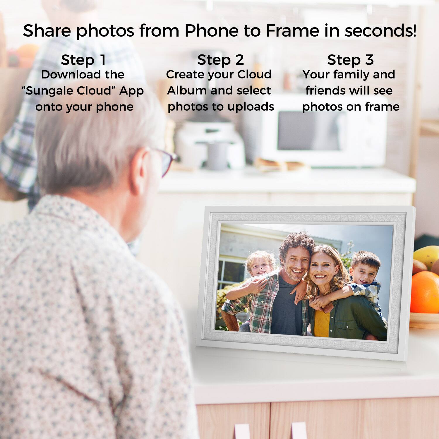 Share photos from Phone to Frame in seconds!

Step 1: Download the "Sungale Cloud" App onto your phone

Step 2: Create your Cloud Album and select photos to upload

Step 3: Your family and friends will see photos on frame