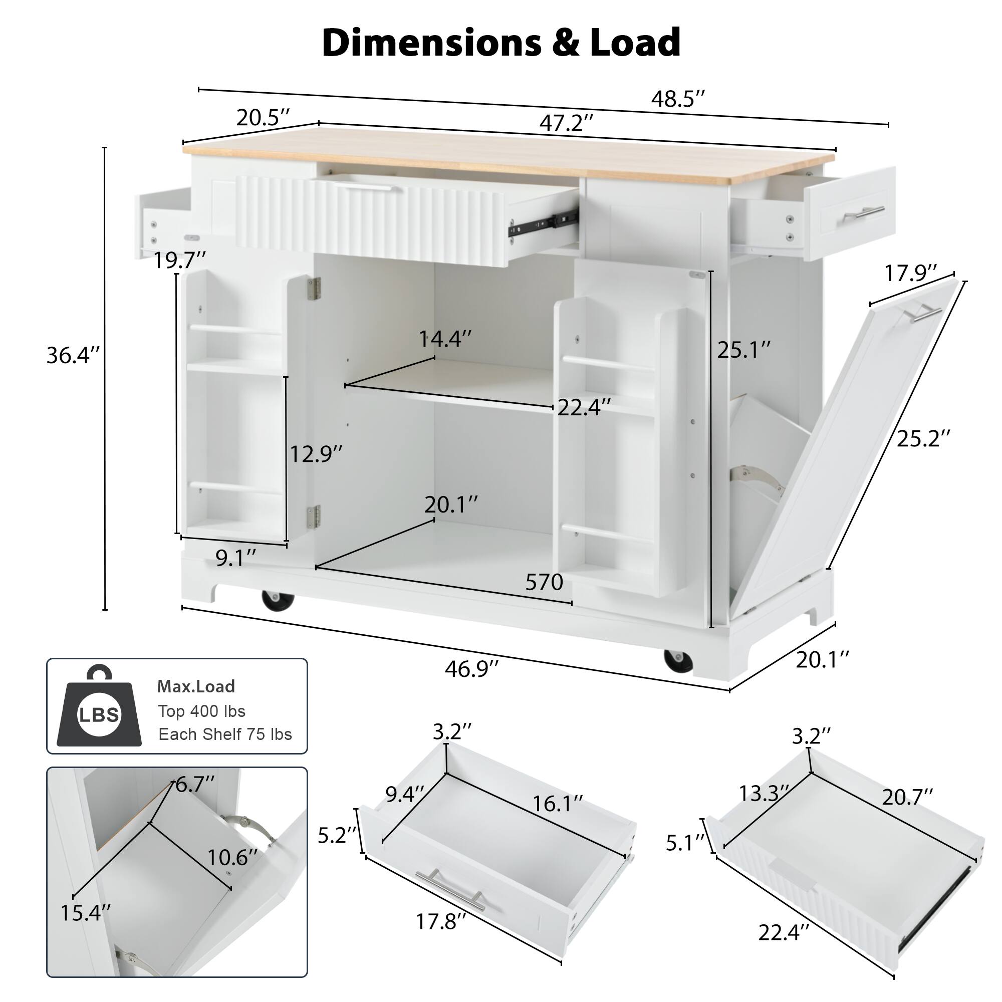 Dimensions & Load

- Width: 48.5"
- Depth: 47.2"
- Height: 36.4"
- Top Surface: 20.5" x 19.7"
- Drawer: 25.1" x 17.9"
- Shelf 1: 22.4" x 14.4"
- Shelf 2: 20.1" x 12.9"
- Shelf 3: 20.1" x 9.1"
- Bottom Shelf: 25.2" x 20.1"
- Side Cabinet: 20.1" x 17.9"
- Drawer Interior: 15.4" x 10.6" x 5.2"
- Shelf Interior: 16.1" x 9.4" x 3.2"
- Bottom Shelf Interior: 20.7" x 13.3" x 5.1"
- Drawer Pullout: 6.7" x 3.2" x 3.2"

Max Load
- Top: 400 lbs
- Each