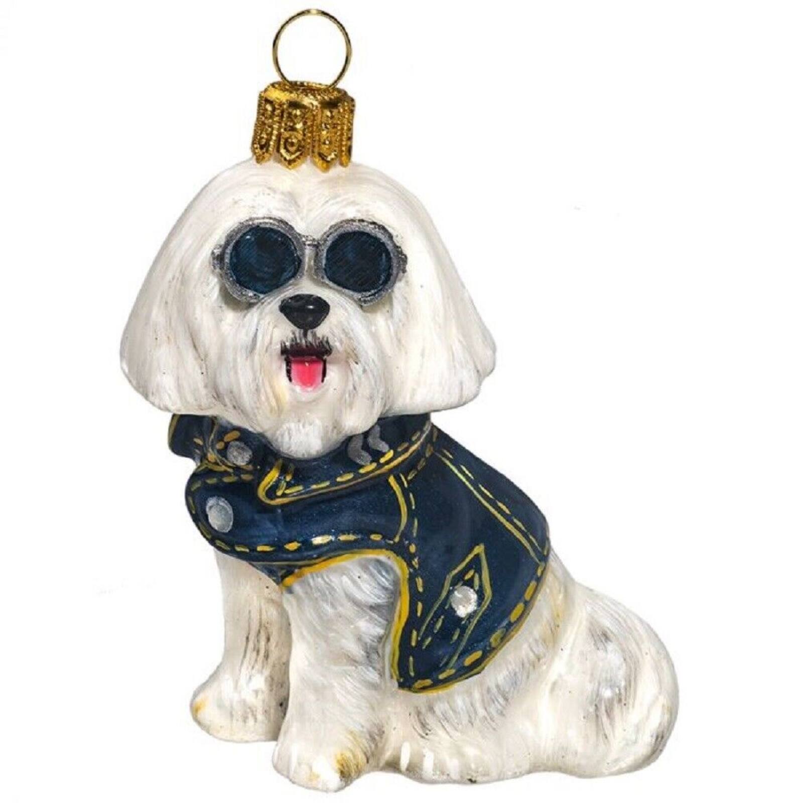 Front. Joy to the World Collectibles - Joy to the World Maltese with Denim Jacket and Sunglasses Polish Glass Dog Ornament - White.