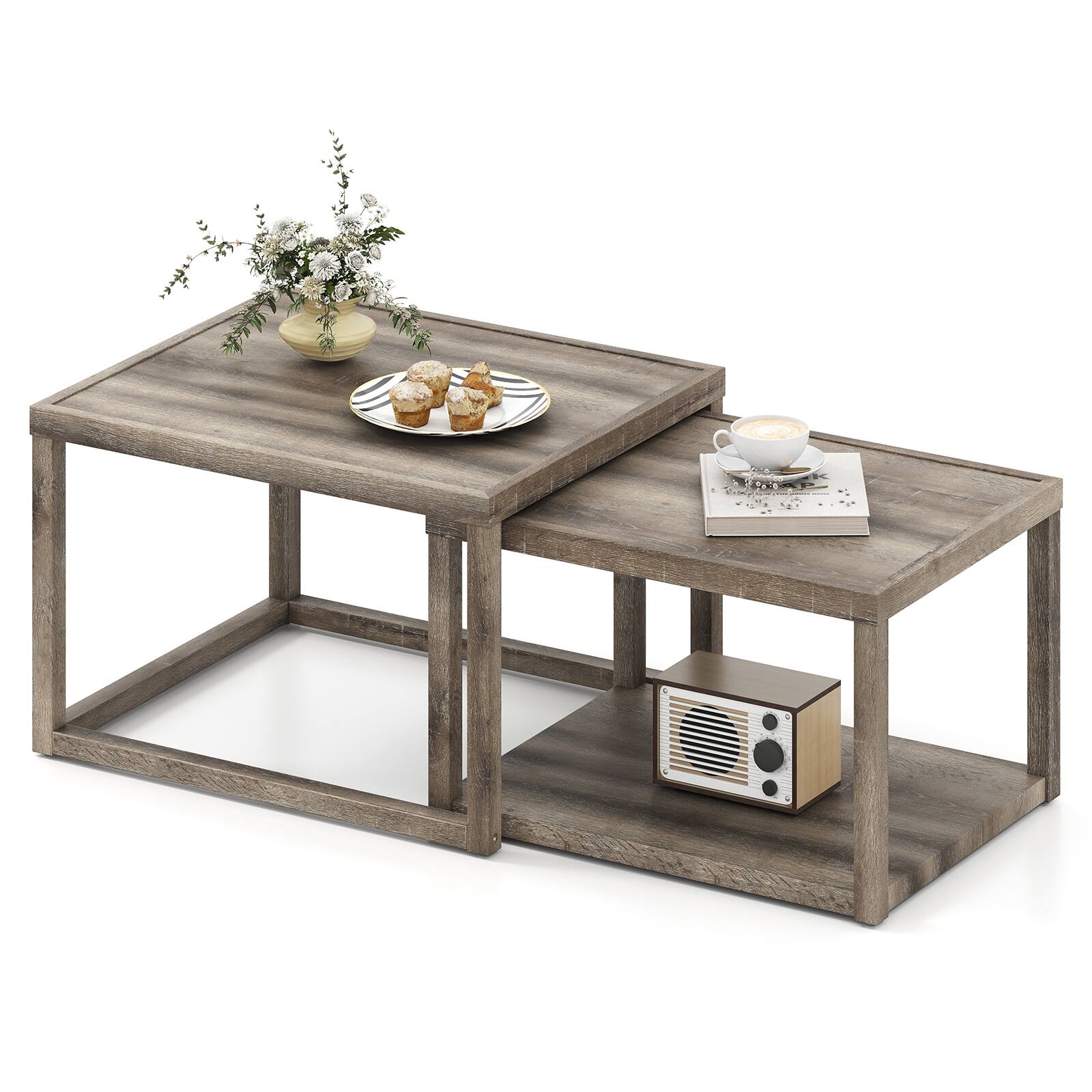 Front. Gymax - Gymax Nesting Coffee Table Set of 2 Stackable Rectangular End Tables w/ Storage Shelf - Grey.