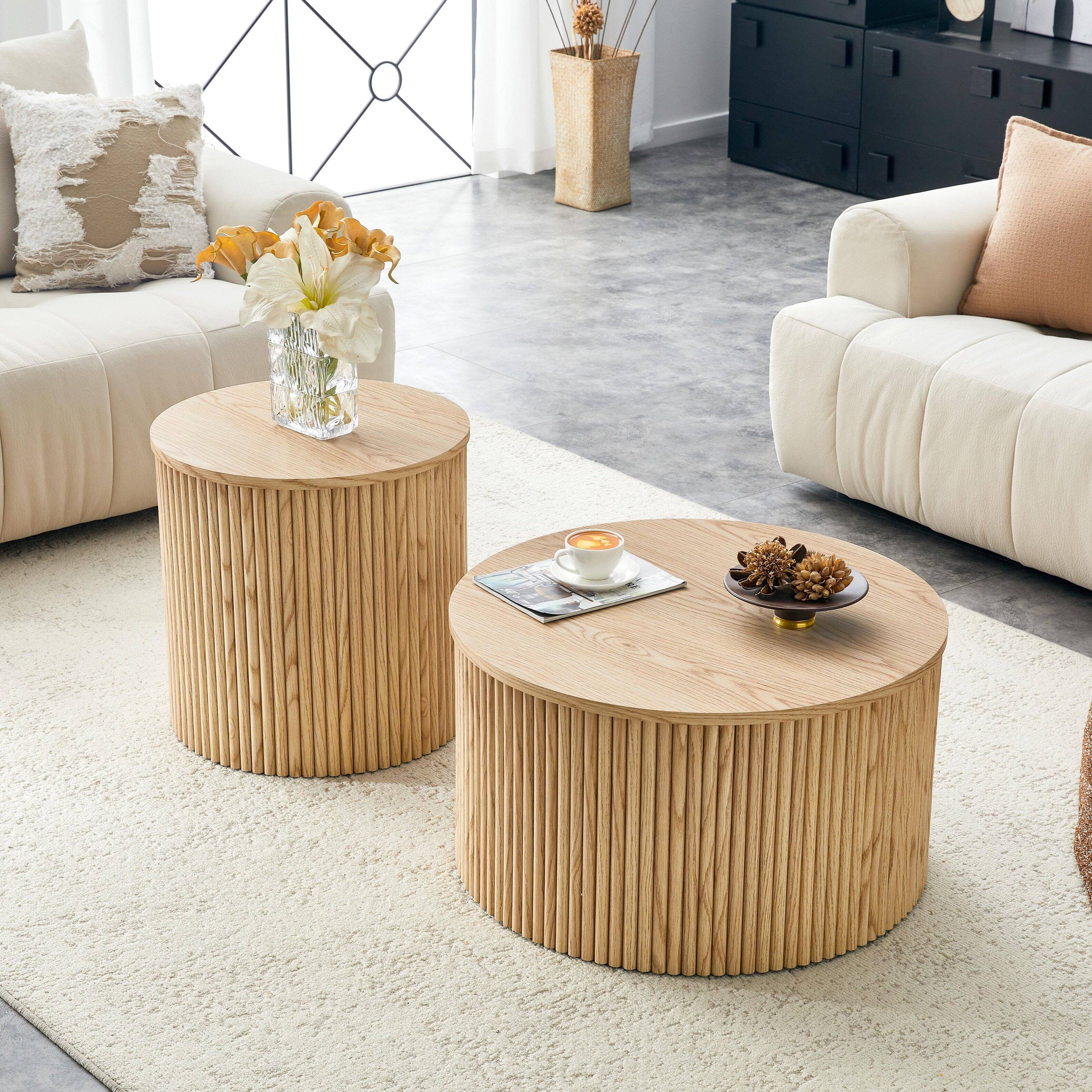 Angle. Loheer - Loheer- 2.6ft Round Nesting Coffee Table Set with Storage Roman Column Light Wood Grain Side Tables for Living Room - Wood.