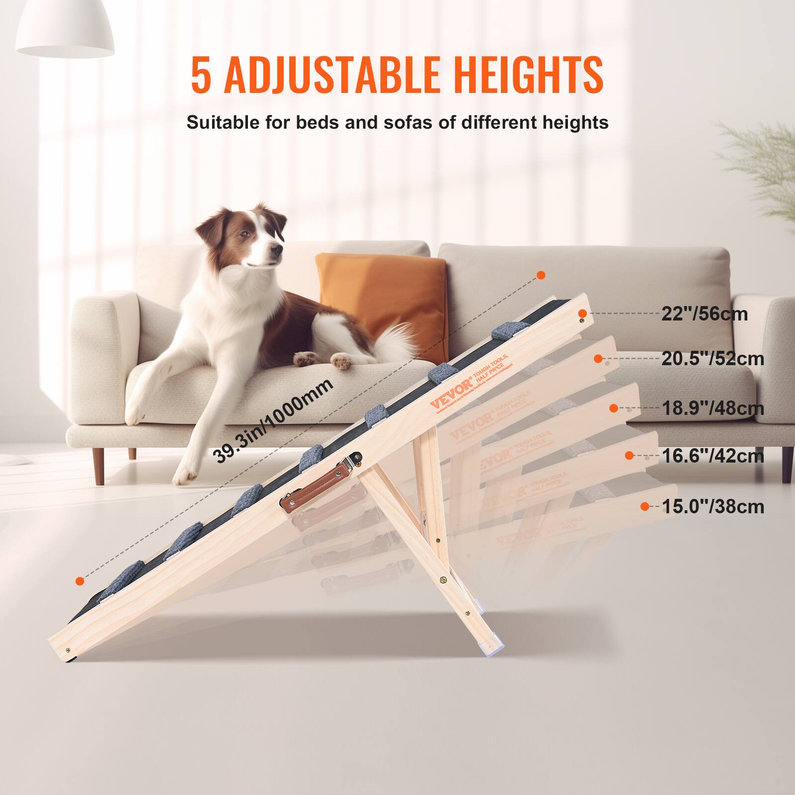 5 Adjustable Heights  
Suitable for beds and sofas of different heights  

39.3in/1000mm  

22"/56cm  
20.5"/52cm  
18.9"/48cm  
16.6"/42cm  
15.0"/38cm