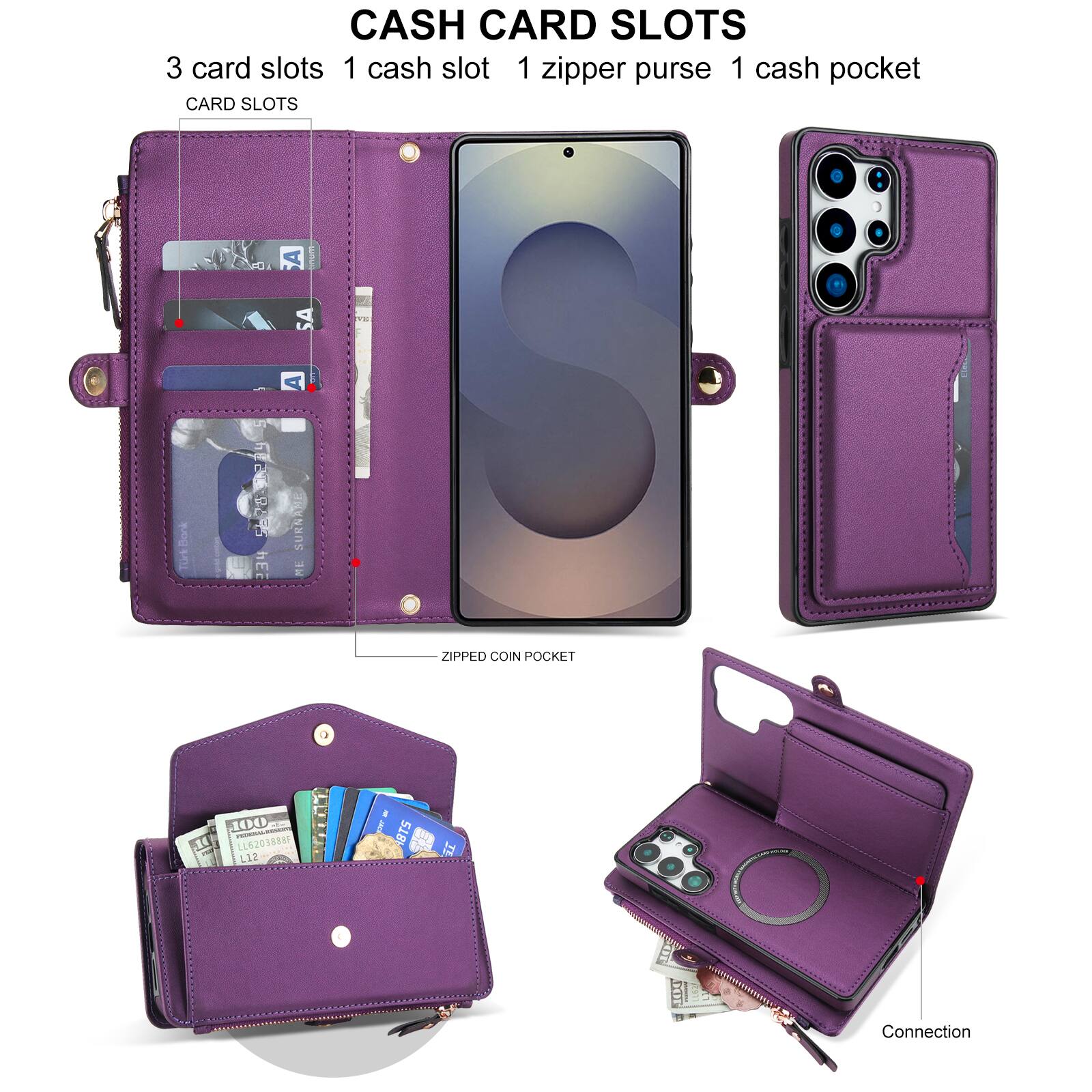 CASH CARD SLOTS  
3 card slots  
1 cash slot  
1 zipper purse  
1 cash pocket  

CARD SLOTS  

ZIPPER COIN POCKET  

Connection