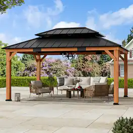 Modern Shade Outdoor Living Spaces - Modern Shade 12' x 16' Cedar Wood Gazebo Hardtop Gazebo with Galvanized Steel Double Roof - Brown+Black