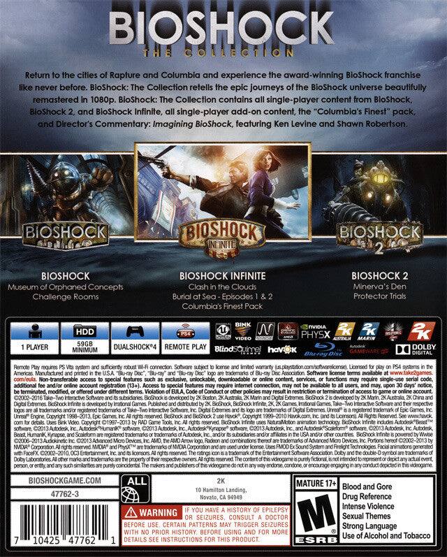 **BioShock: The Collection**

Return to the cities of Rapture and Columbia and experience the award-winning BioShock franchise like never before. BioShock: The Collection retells the epic journeys of the BioShock universe beautifully remastered in 1080p. BioShock: The Collection contains all single-player content from BioShock, BioShock 2, and BioShock Infinite, all single-player add-on content, the "Columbia's Finest" pack, and Director's Commentary: Imagining BioShock, featuring Ken Levine and Shawn Robertson.

**BioShock**
- Museum of Orphaned Concepts
- Challenge Rooms

**BioShock Infinite**
- Clash in the Clouds
- Burial at Sea - Episodes 1 & 2
- Columbia's Finest Pack

**BioShock 2**
- Minerva's Den
- Protector Trials

**System Requirements:**
- 1 Player
- 59GB HDD Minimum
- DUALSHOCK 4
- REMOTE PLAY
- PS4

**Additional Information:**
- Remote Play requires PS4 system and sufficiently robust Wi-Fi connection.
- Software subject to license terms available at www.playstation.com/softwarelicense.
- Licensed for play in the USA and Canada.
-