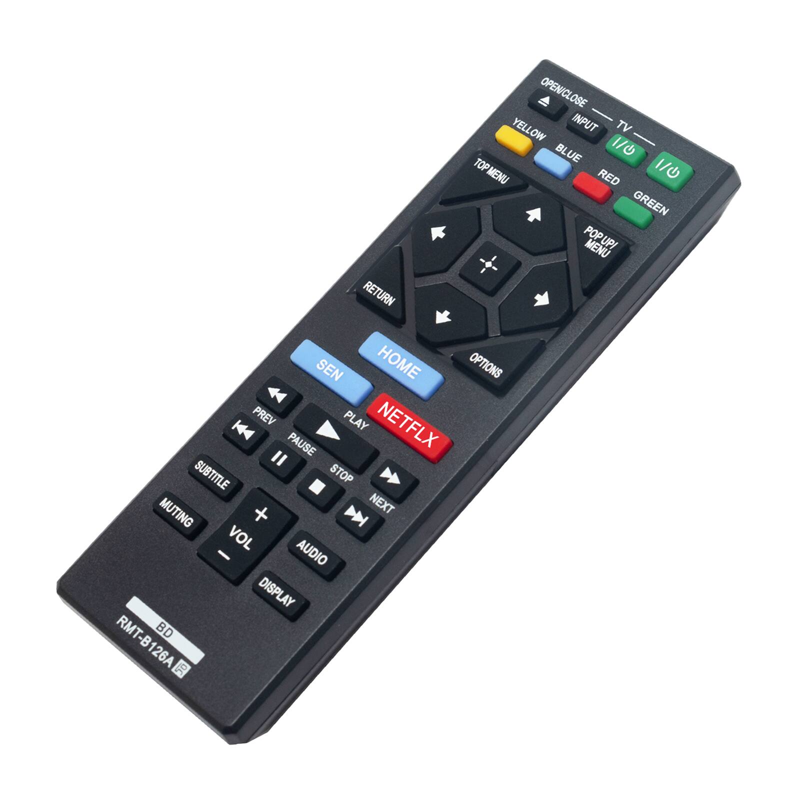 RETURN OPEN/ CLOSE YELLOW INPUT TV 1/0 BLUE BL 1/0 TOP MENU RED GREEN POPUP MENU SEN HOME OPTIONS PREV PLAY NETFLIX PAUSE SUBTITLE STOP MUTING + NEXT VOL AUDIO DISPLAY BD RMT-B126A