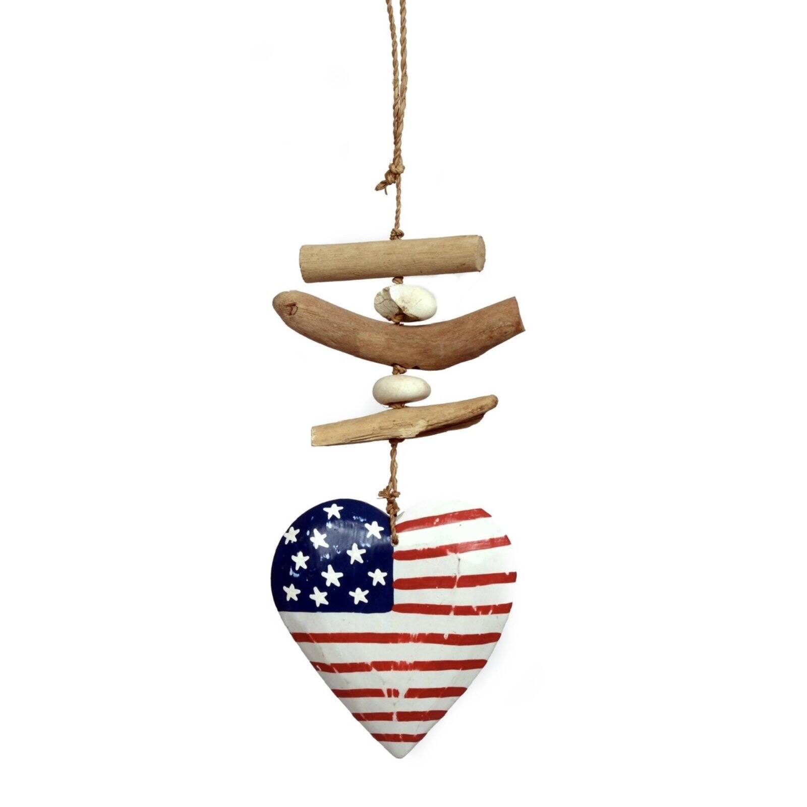Front. Bamboo Source Tropical Decor - Wooden American Heart Driftwood and Stone Mobile Hanging Strand 14 Inches Long - Multicolor.