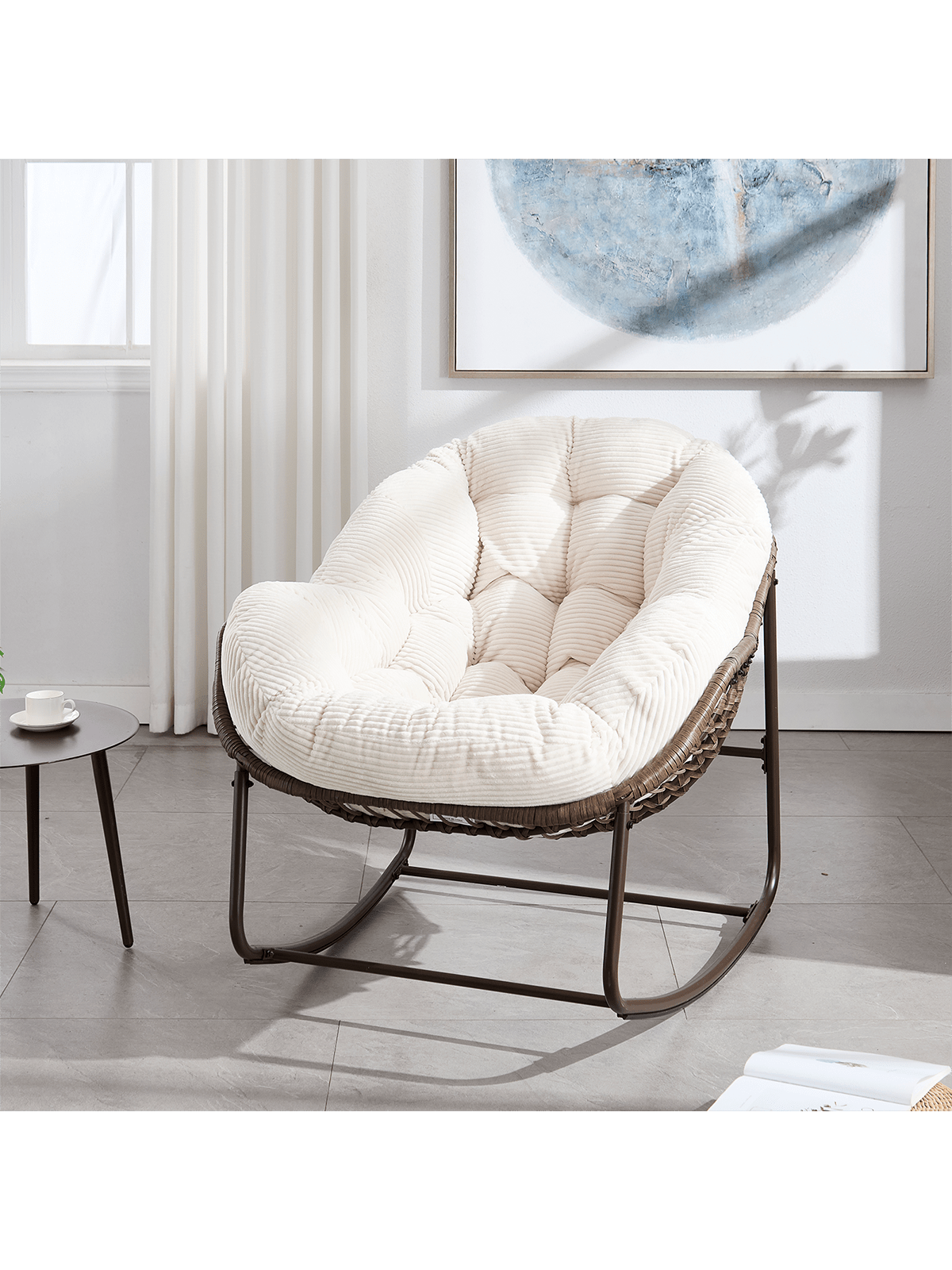 Angle. Trinkets Crazed - Outdoor Indoor Rocking Chair With Padded Cushion, Oversized Patio Papasan Rocking Egg Chair - Beige.