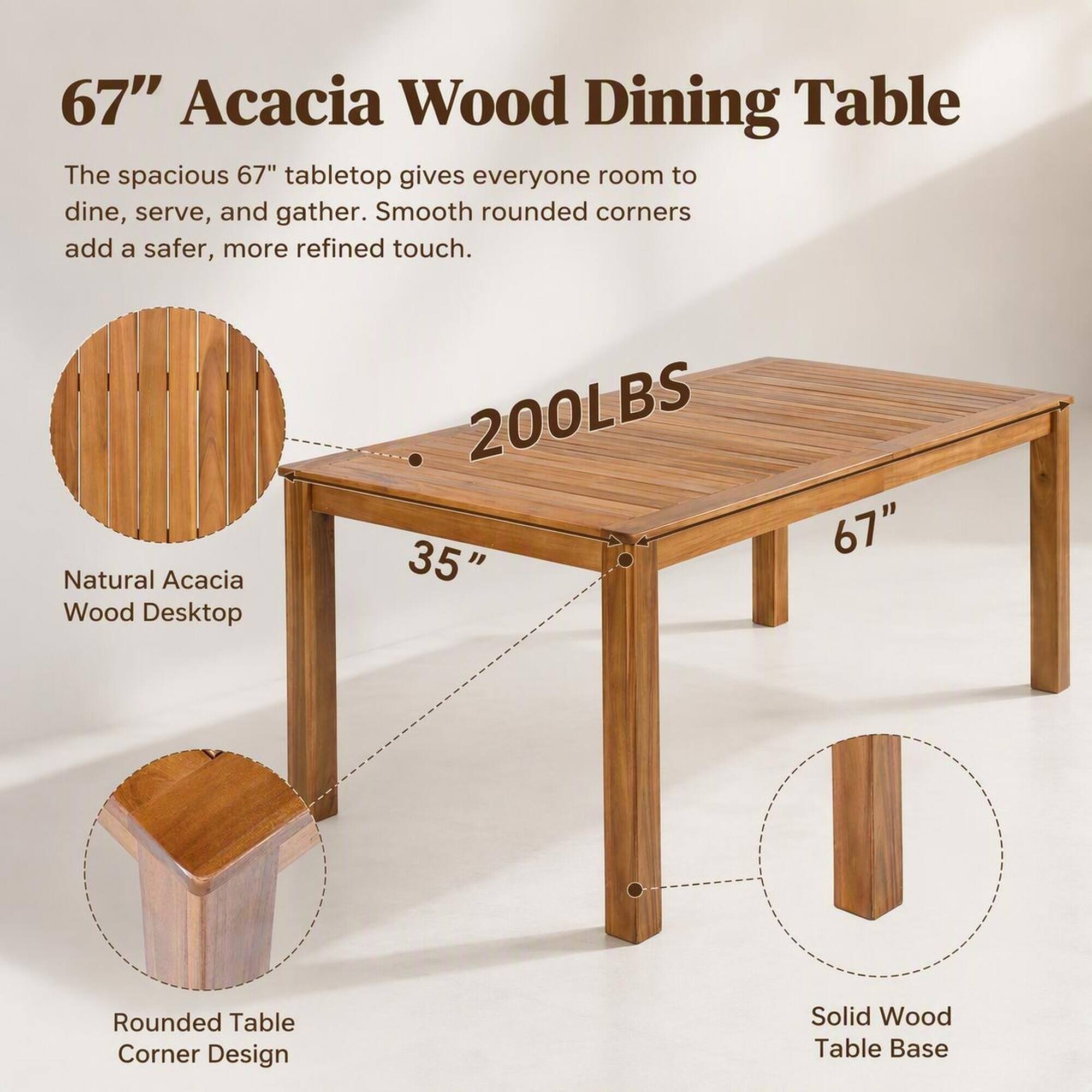 67" Acacia Wood Dining Table

The spacious 67" tabletop gives everyone room to dine, serve, and gather. Smooth rounded corners add a safer, more refined touch.

- 200LBS
- 35" x 67" Natural Acacia Wood Desktop
- Rounded Table Corner Design
- Solid Wood Table Base