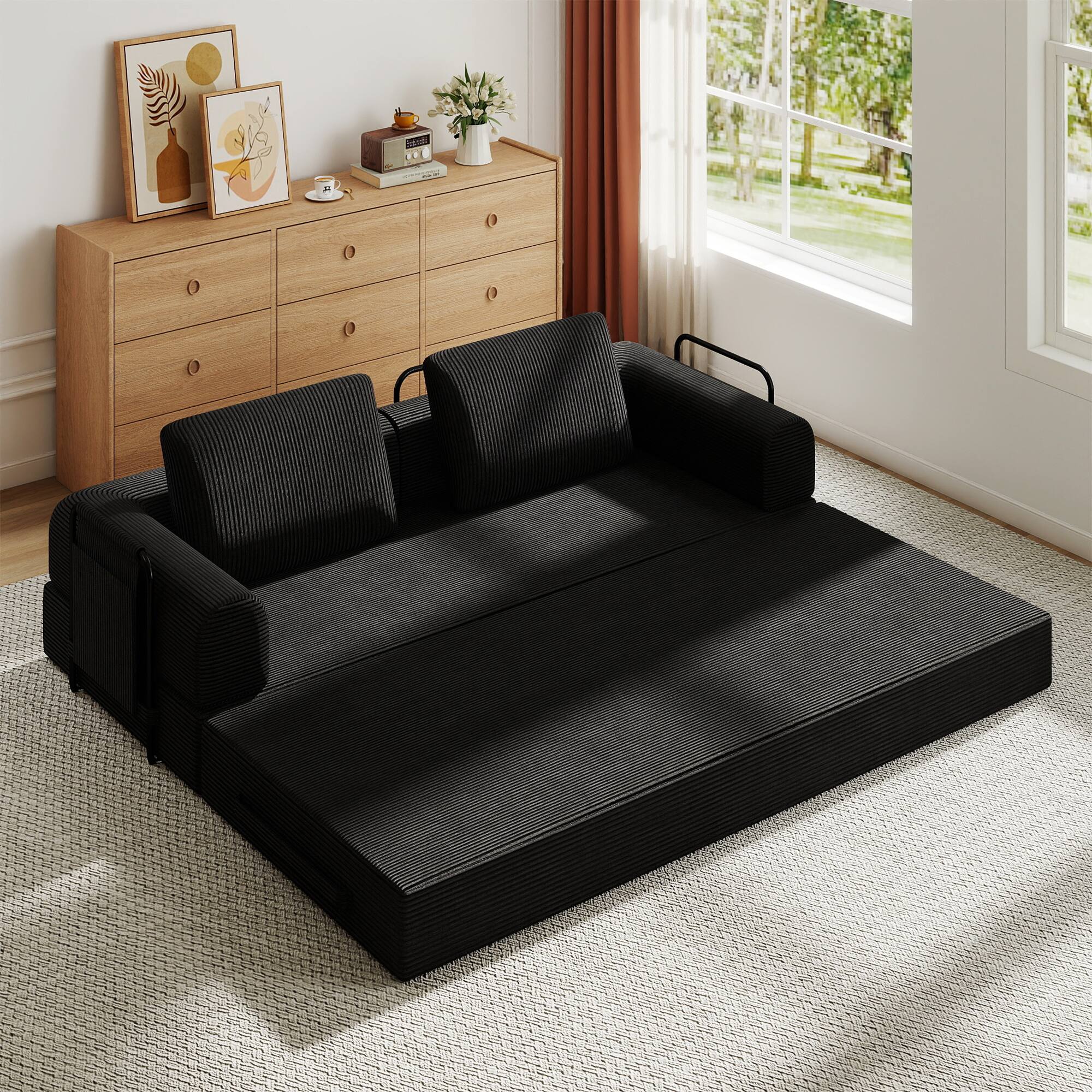 Angle. TinyHomie - Convertible Sleeper Sofa Bed with Cylindrical Pillow - Corduroy Folding Mattress Couch with Fixed-Shape Frame - Black.