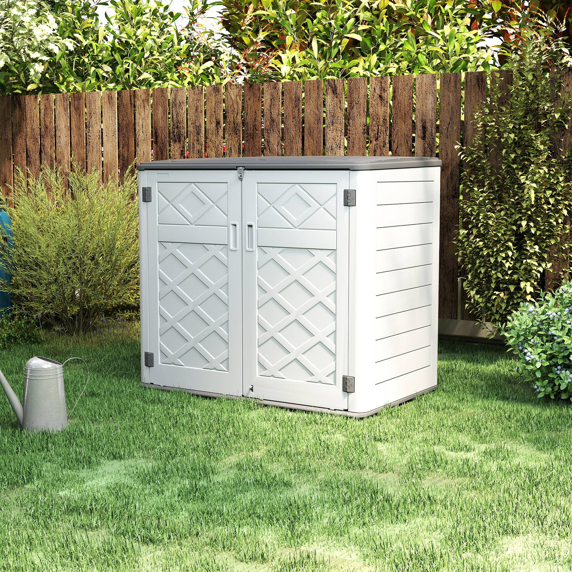 Left. Yardgrace - Outdoor Storage Shed 358 Gal. 53.15 in. x 33.07 in. x 46.85 in. Resin Large Waterproof Deck Box Shed - White No shelves.