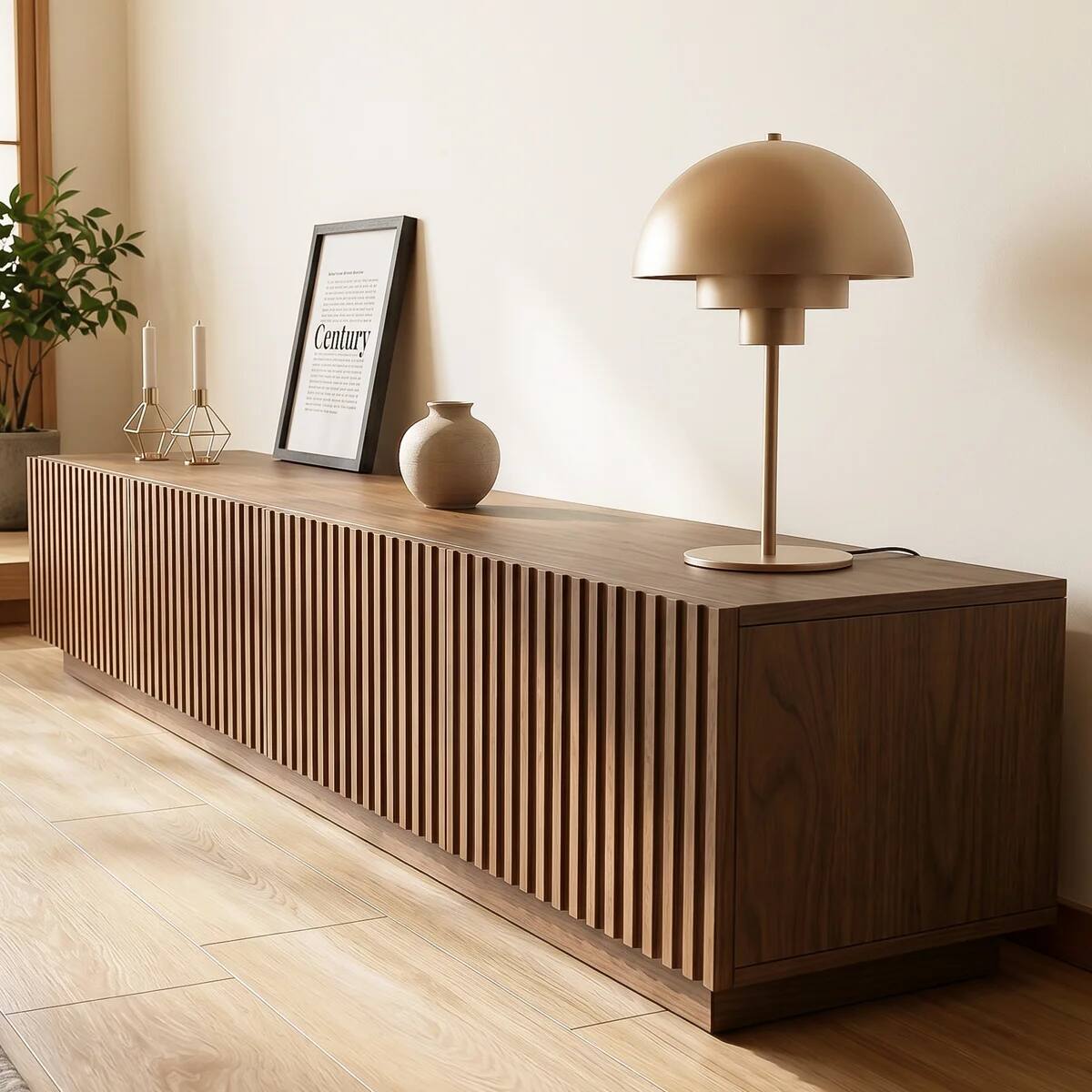 Back. luck idea - Vertical Fluted Walnut TV Stand, 4-Door Media Console with Removable Shelves & Cable Holes, for TVs up to 100 inch - Brown.