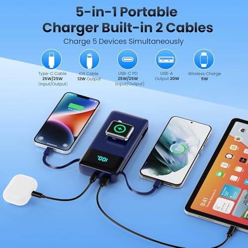 5-in-1 Portable Charger Built-in 2 Cables Charge 5 Devices Simultaneously

Type-C Cable iOS Cable USB-C PD USB-A 25W/25W 12W Output 25W/25W Output 20W (Input/Output) (input/Output)

Wireless Charge 5W