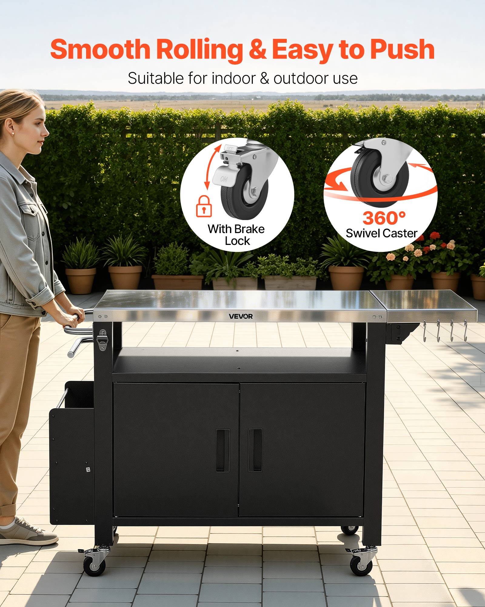 Smooth Rolling & Easy to Push  
Suitable for indoor & outdoor use  
With Brake Lock  
360° Swivel Caster  
VEVOR
