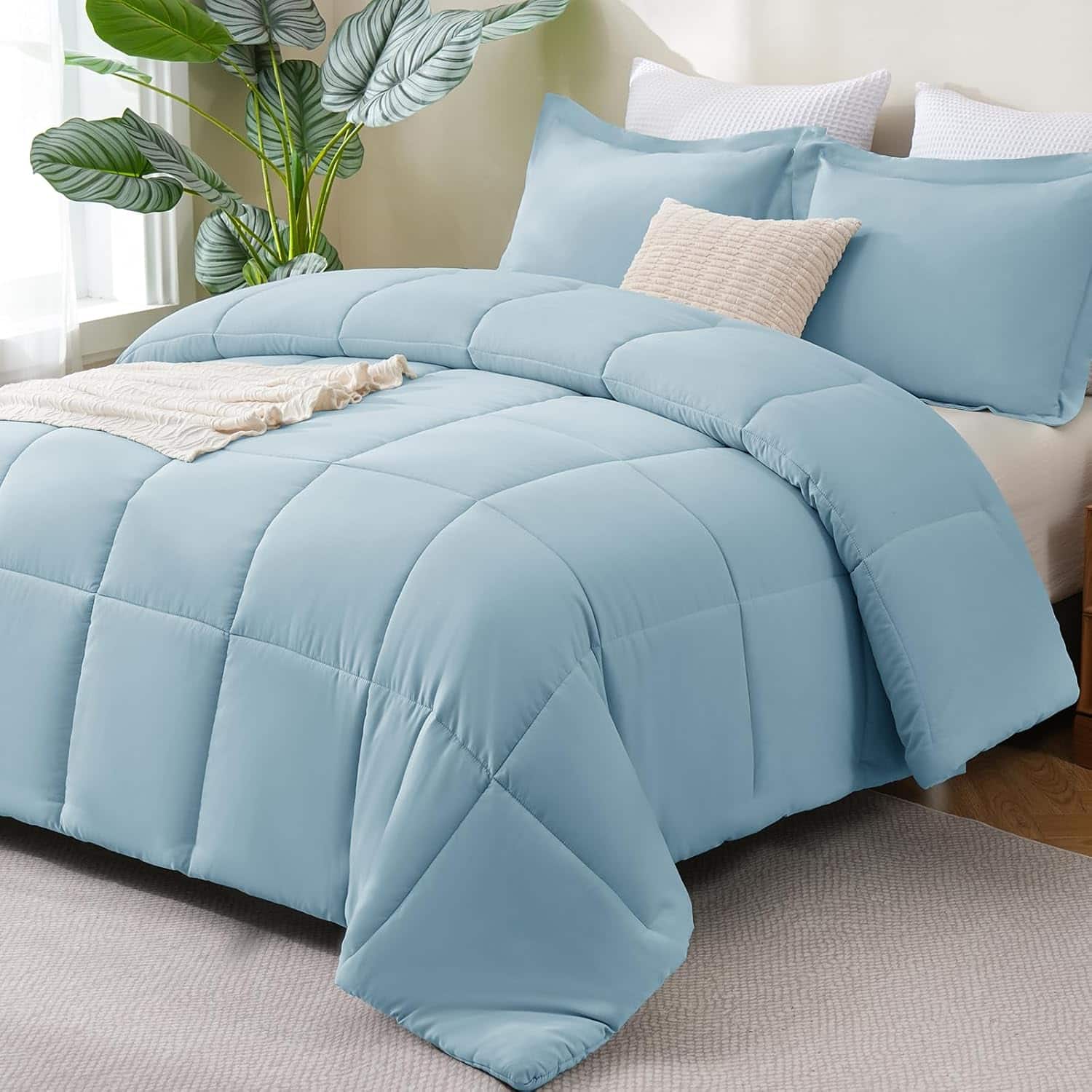 FINEAK - Queen Comforter Set-Soft, All-Season, 3-Piece Comfort - Light Blue