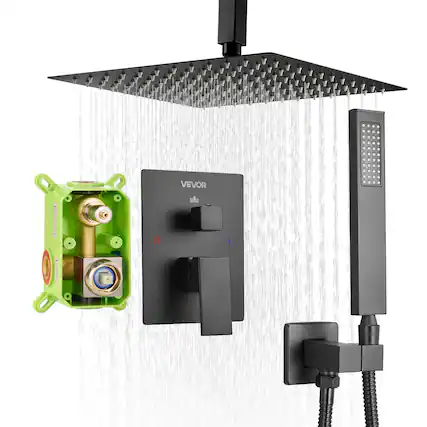 Front. VEVOR - Shower Faucet Set, Rainfall Bathroom Shower System with 12-Inch Square Rain Shower Head and Handheld Spray - Matte Black.