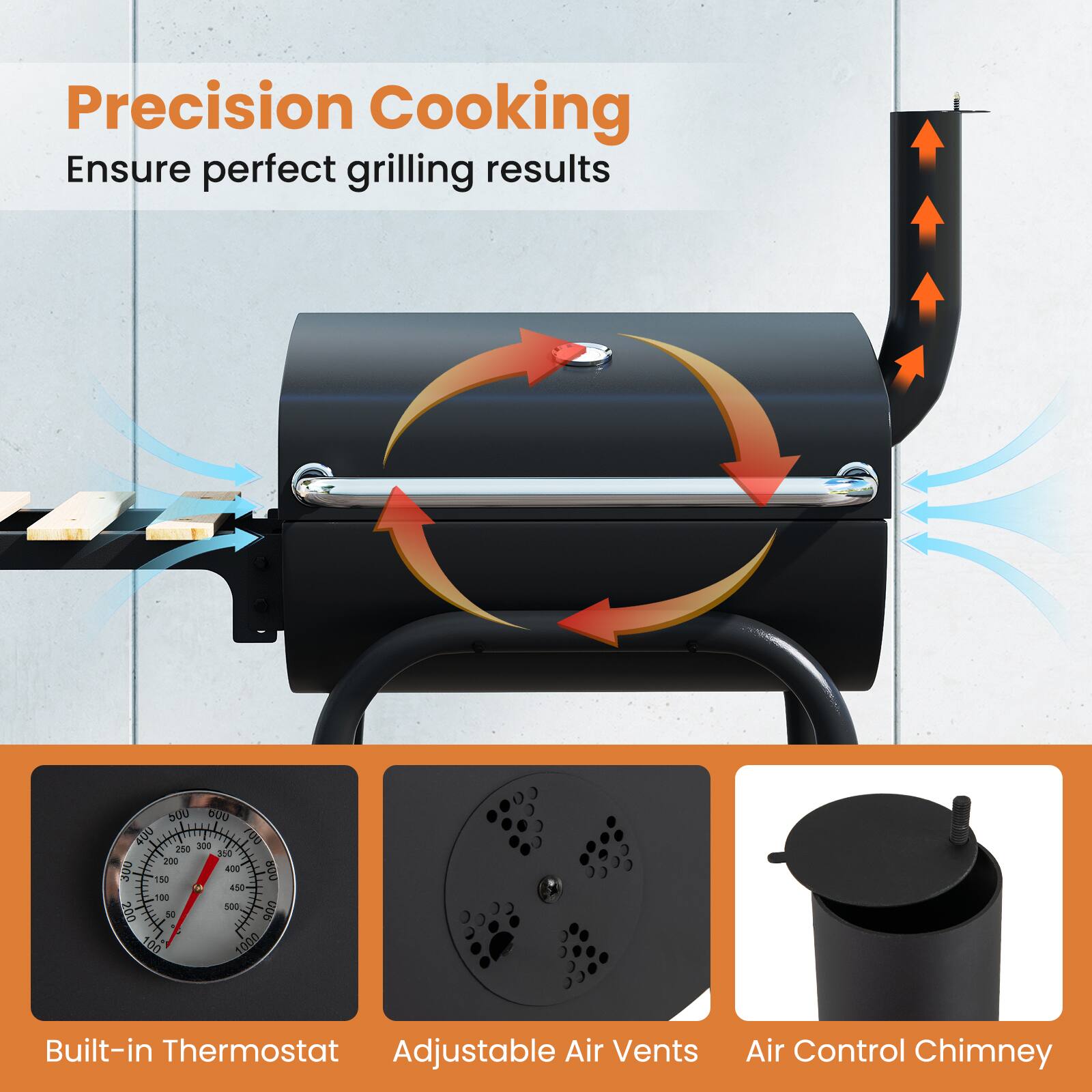 Precision Cooking  
Ensure perfect grilling results  

Built-in Thermostat  
Adjustable Air Vents  
Air Control Chimney
