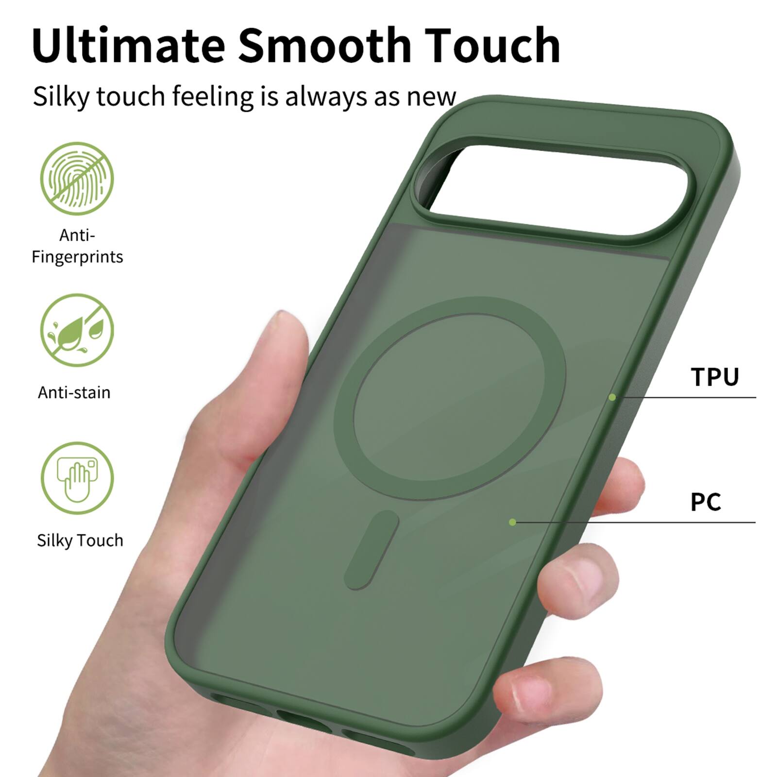 Ultimate Smooth Touch  
Silky touch feeling is always as new  

Anti-Fingerprints  
Anti-stain  
TPU  
PC  
Silky Touch