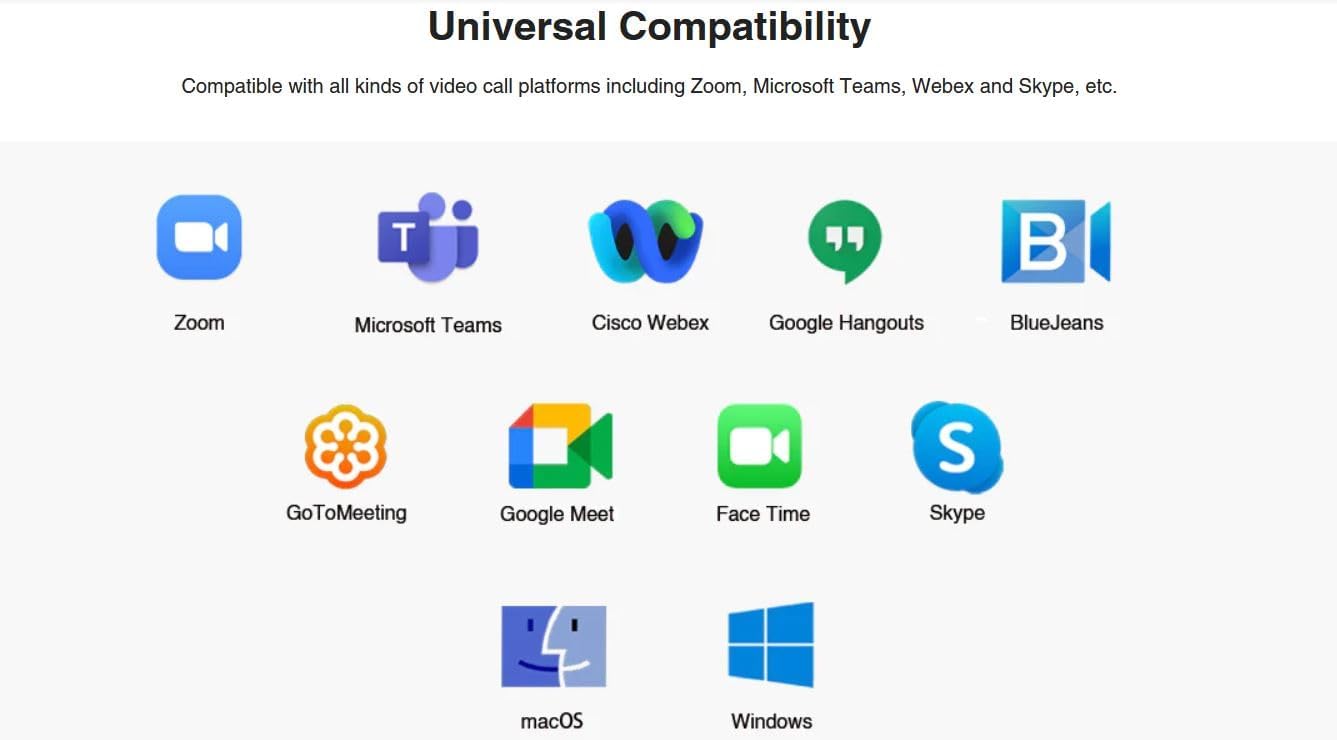 Universal Compatibility

Compatible with all kinds of video call platforms including Zoom, Microsoft Teams, Webex and Skype, etc.

Zoom Microsoft Teams Cisco Webex Google Hangouts BlueJeans
GoToMeeting Google Meet Face Time Skype
macOS Windows