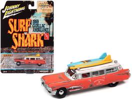 Johnny Lightning - 1959 Cadillac Ambulance Red White Top Malibu Beach Rescue Weathered w/ Surfboards Surf Shark Street Freaks 1/64 - Red With White