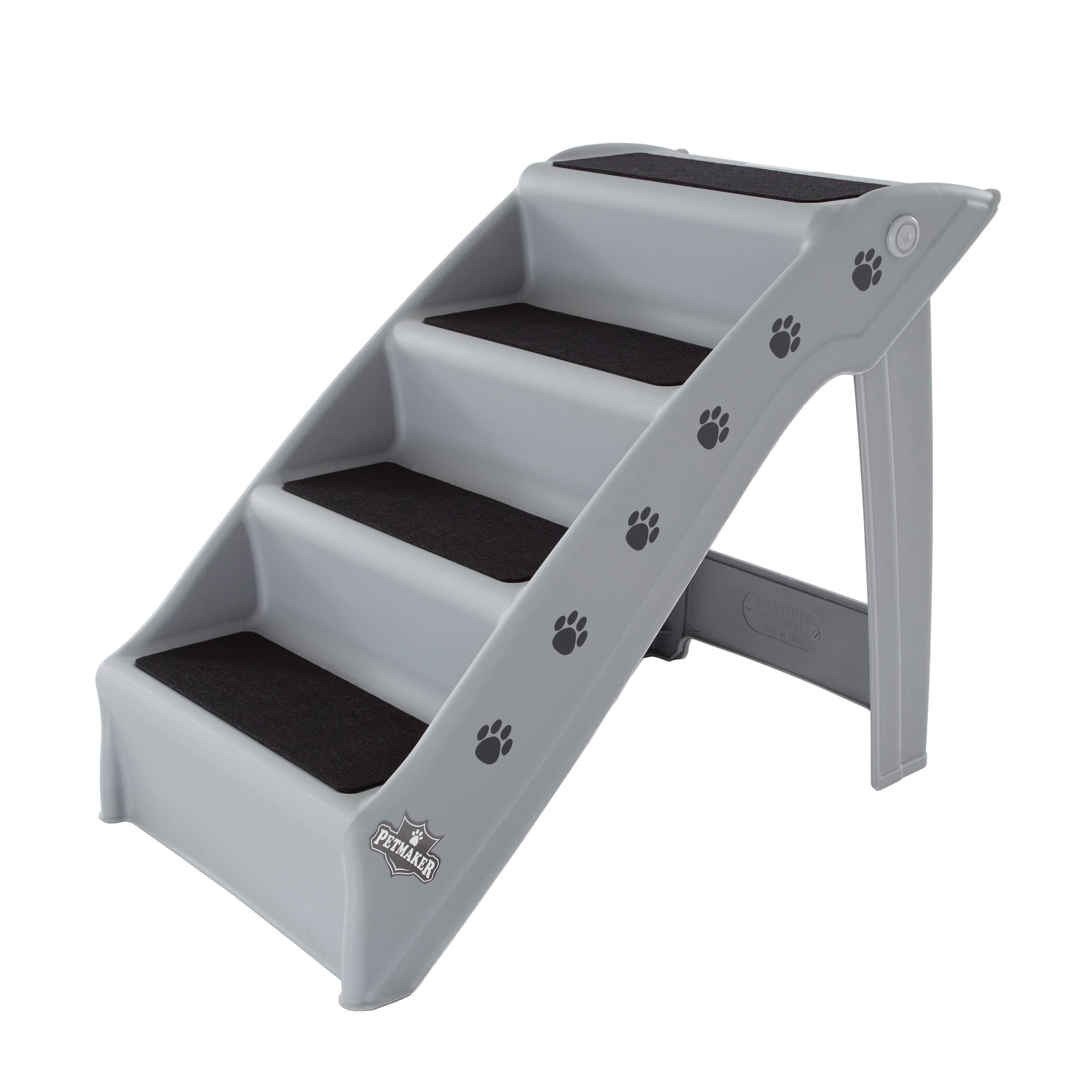 PetMaker - Dog Stairs Foldable Pet Stairs with 4-Step Design for Beds, Couches, Cars Non-Slip Carpeted Pads, Durable Plastic - Gray