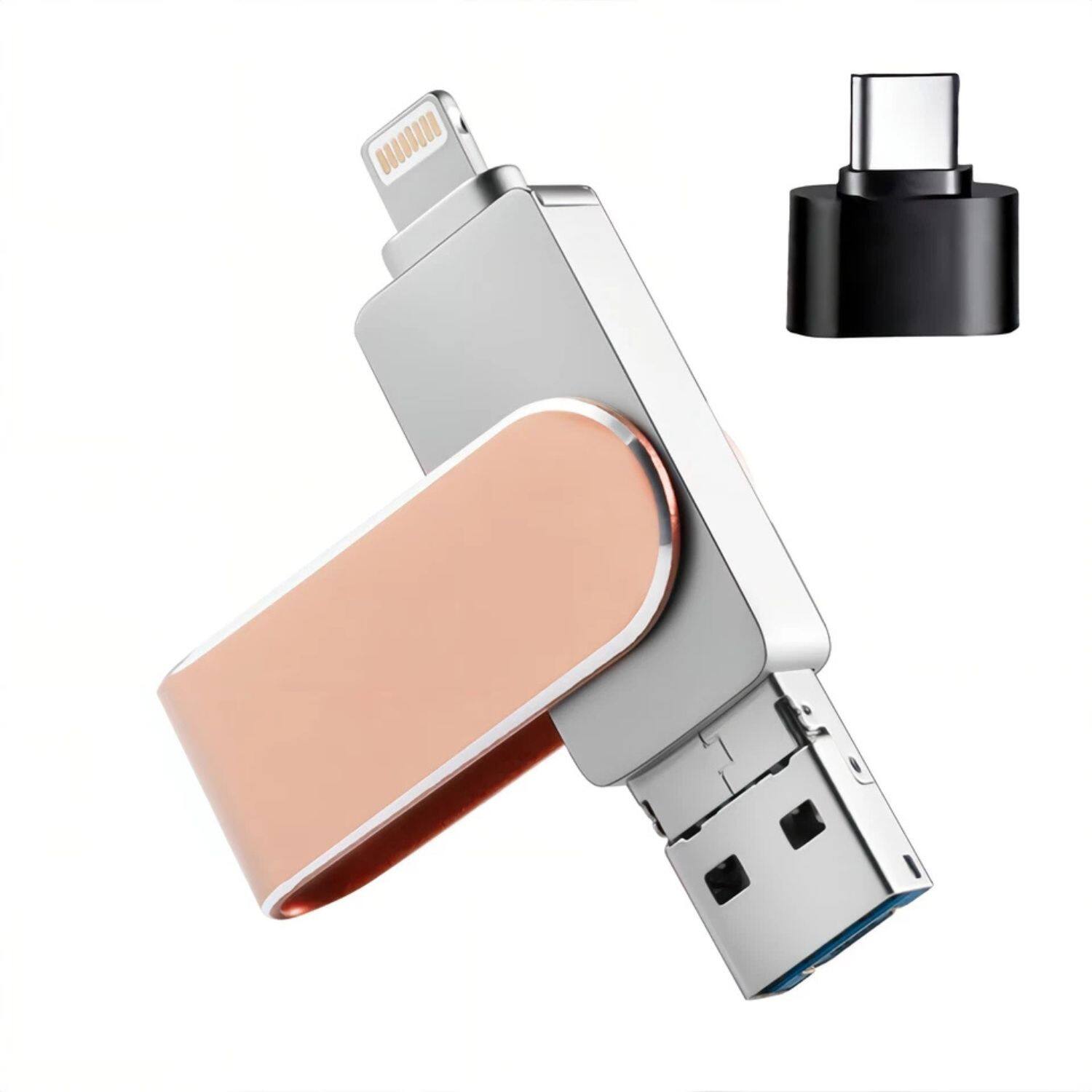 Front. Stock Preferred - 64GB 3-in-1 MFi USB Flash Drive – USB 3.0 Lightning & Type-C Memory Stick for iPhone, iPad, Android, and PC - Golden.