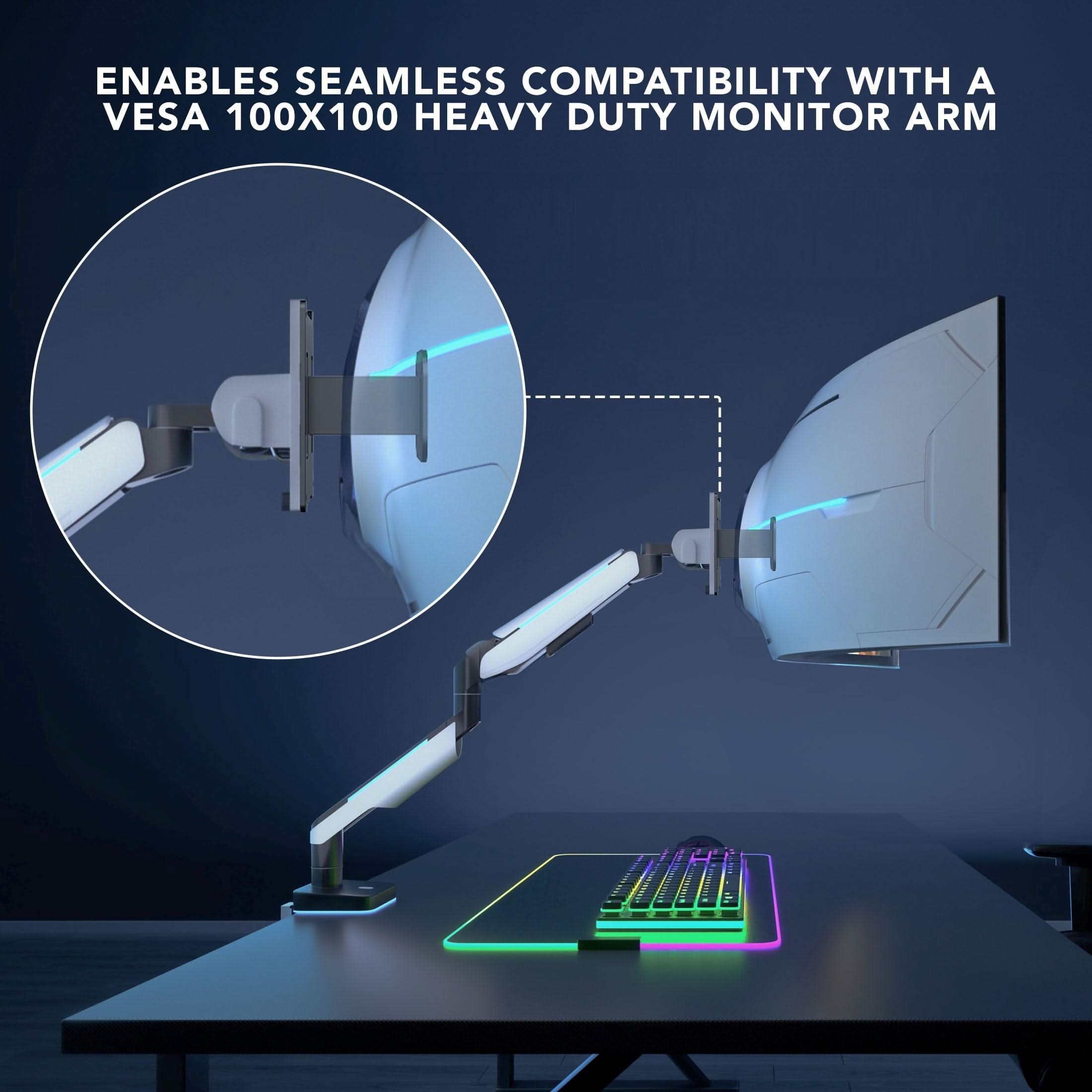 Enables seamless compatibility with a VESA 100x100 heavy-duty monitor arm