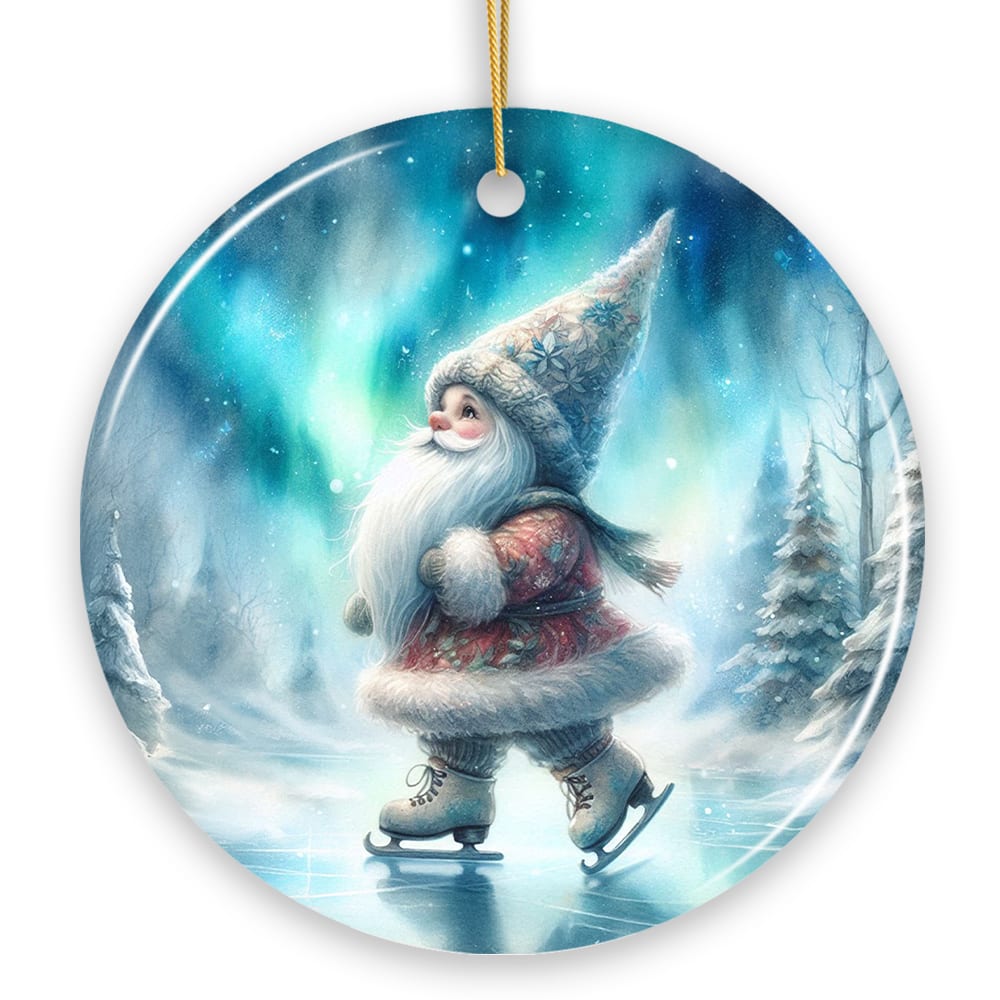 OrnamentallyYou - Whimsical Skater Gnome on Ice Ceramic Ornament, Magical Night Christmas Gift and Tree Decor (Circle) - Multi-colored