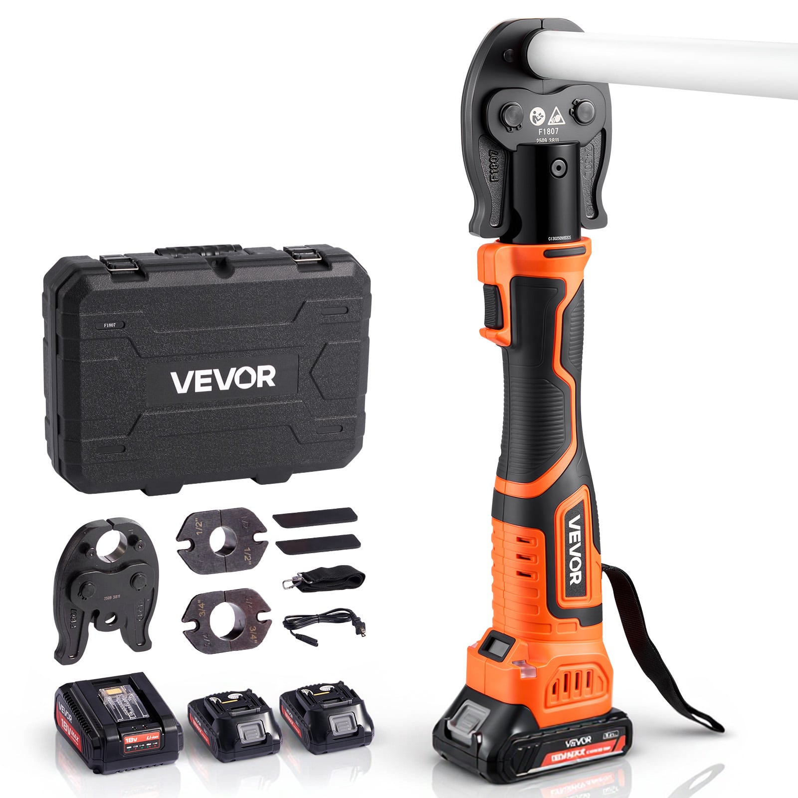 VEVOR - Cordless Mini Press Tool, 18V Electric Pipe Crimping Tool for 1/2", 3/4", 1" PEX Pipe Copper Rings, PEX Press Tool Kit - Black and orange
