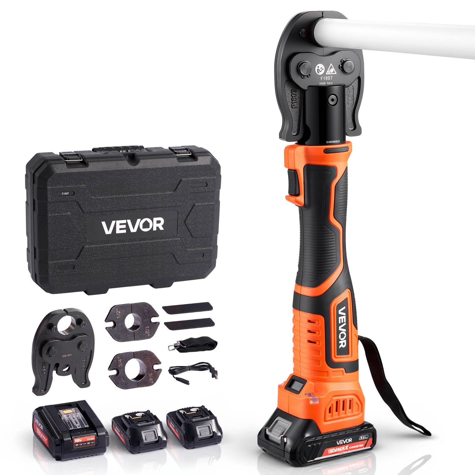 VEVOR - Cordless Mini Press Tool, 18V Electric Pipe Crimping Tool for 1/2", 3/4", 1" PEX Pipe Copper Rings, PEX Press Tool Kit - Black and orange