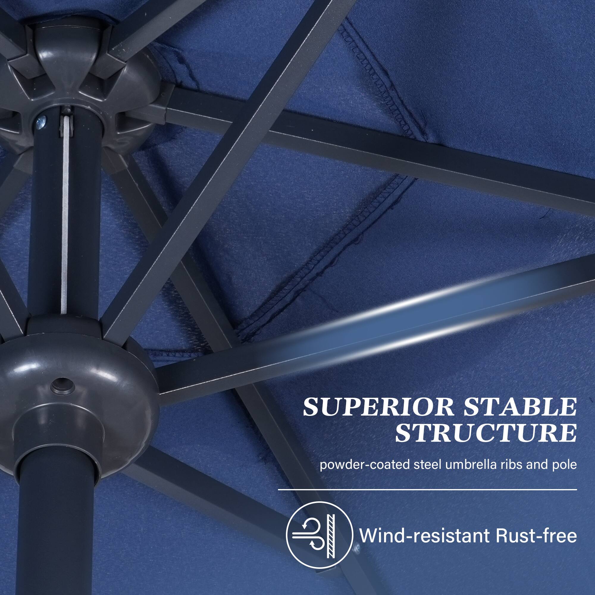 The text on the image reads: "SUPERIOR STABLE STRUCTURE powder-coated steel umbrella ribs and pole Wind-resistant Rust-free".