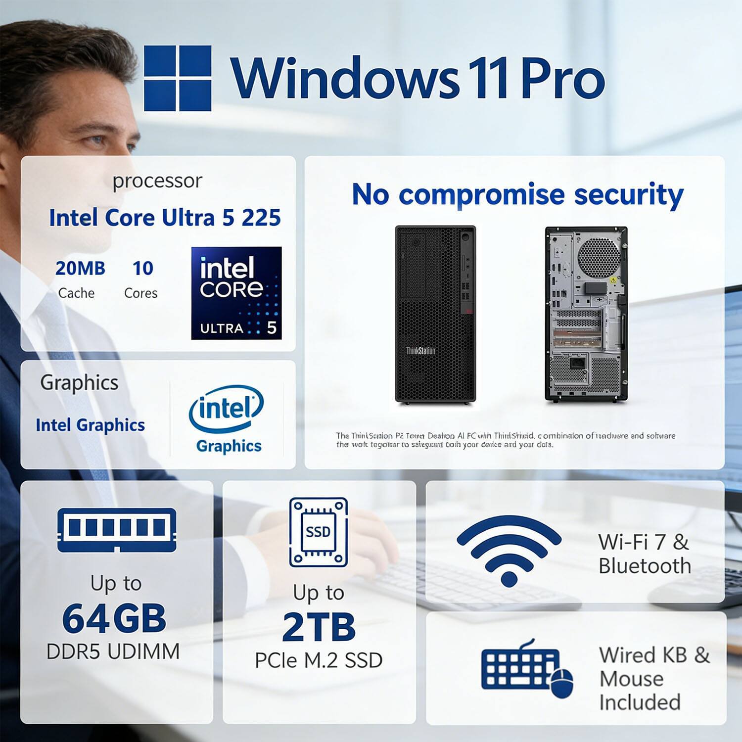 Windows 11 Pro  
Processor: Intel Core Ultra 5 225  
20MB Cache, 10 Cores  
Graphics: Intel Graphics  
No compromise security  
The ThinkStation P2 Tower Dealion AI FC with ThinkShield, a combination of hardware and software to safeguard both your device and your data.  
Up to 64GB DDR5 UDIMM  
Up to 2TB PCIe M.2 SSD  
Wi-Fi 7 & Bluetooth  
Wired KB & Mouse Included