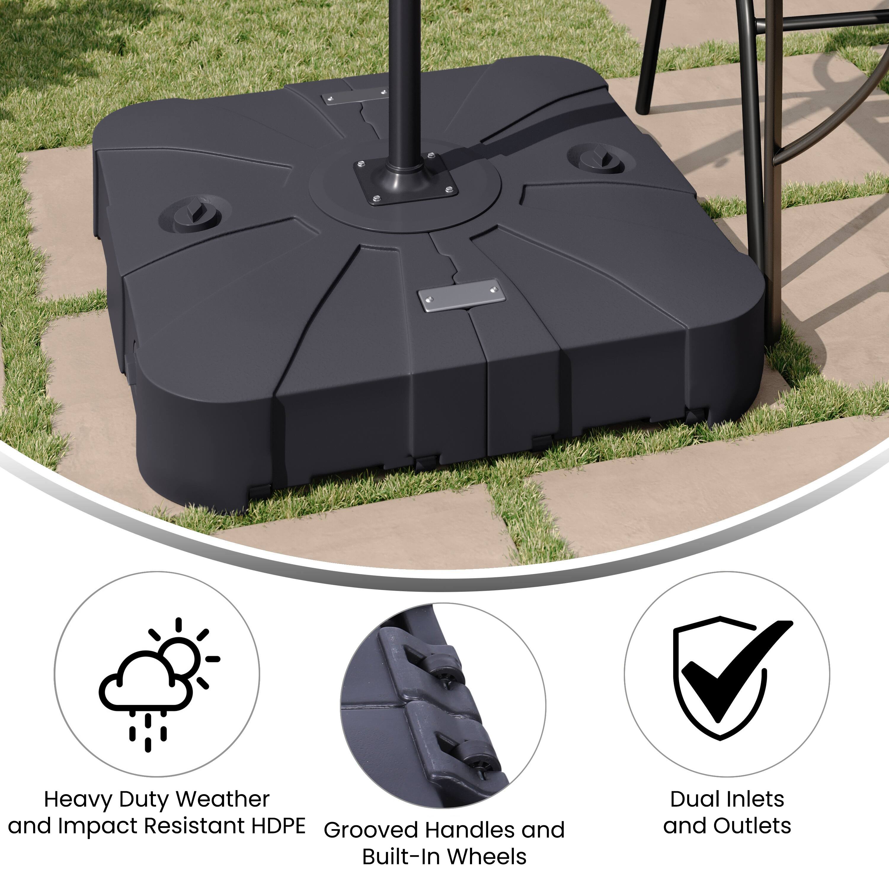 Heavy Duty Weather and Impact Resistant HDPE  
Grooved Handles and Built-In Wheels  
Dual Inlets and Outlets