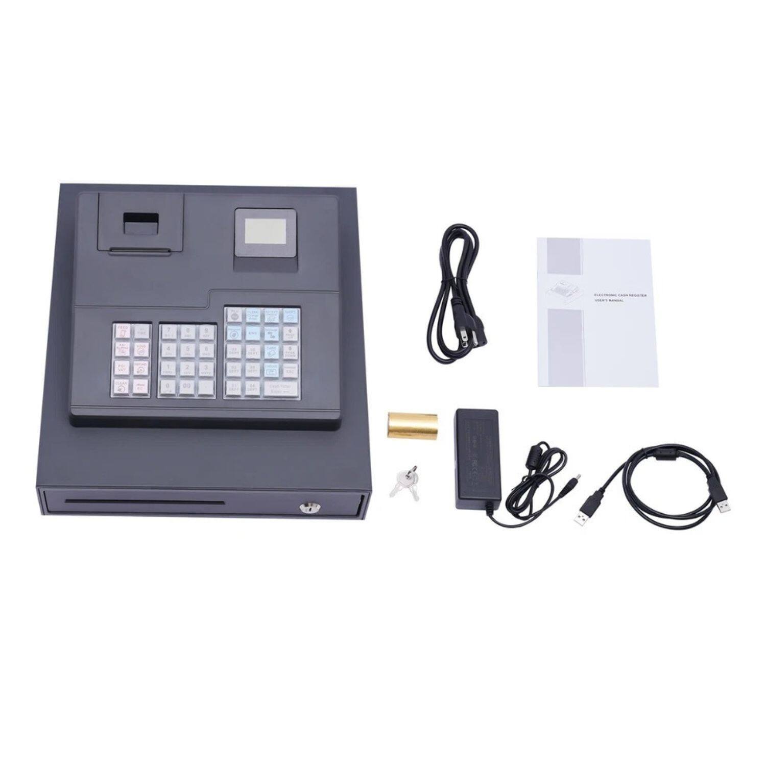 Left. Stock Preferred - 39-Key Electronic Cash Register with Thermal Printer, USB & RS232, 8-Digit LED Display, Secure Cash Drawer - Black.