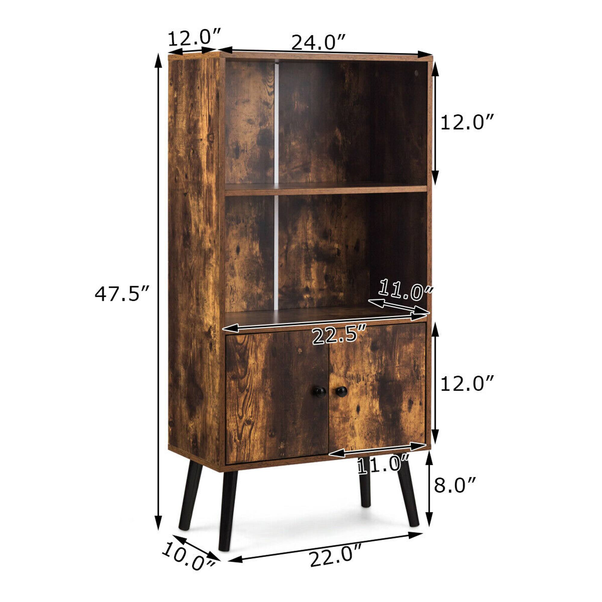 The text on the image is as follows:

- Height: 47.5"
- Width: 24.0"
- Depth: 12.0"
- Top shelf height: 12.0"
- Middle shelf height: 11.0"
- Bottom shelf height: 11.0"
- Width of the cabinet: 22.5"
- Depth of the cabinet: 12.0"
- Height of the legs: 10.0"
- Width of the legs: 22.0"
- Height of the legs: 8.0"