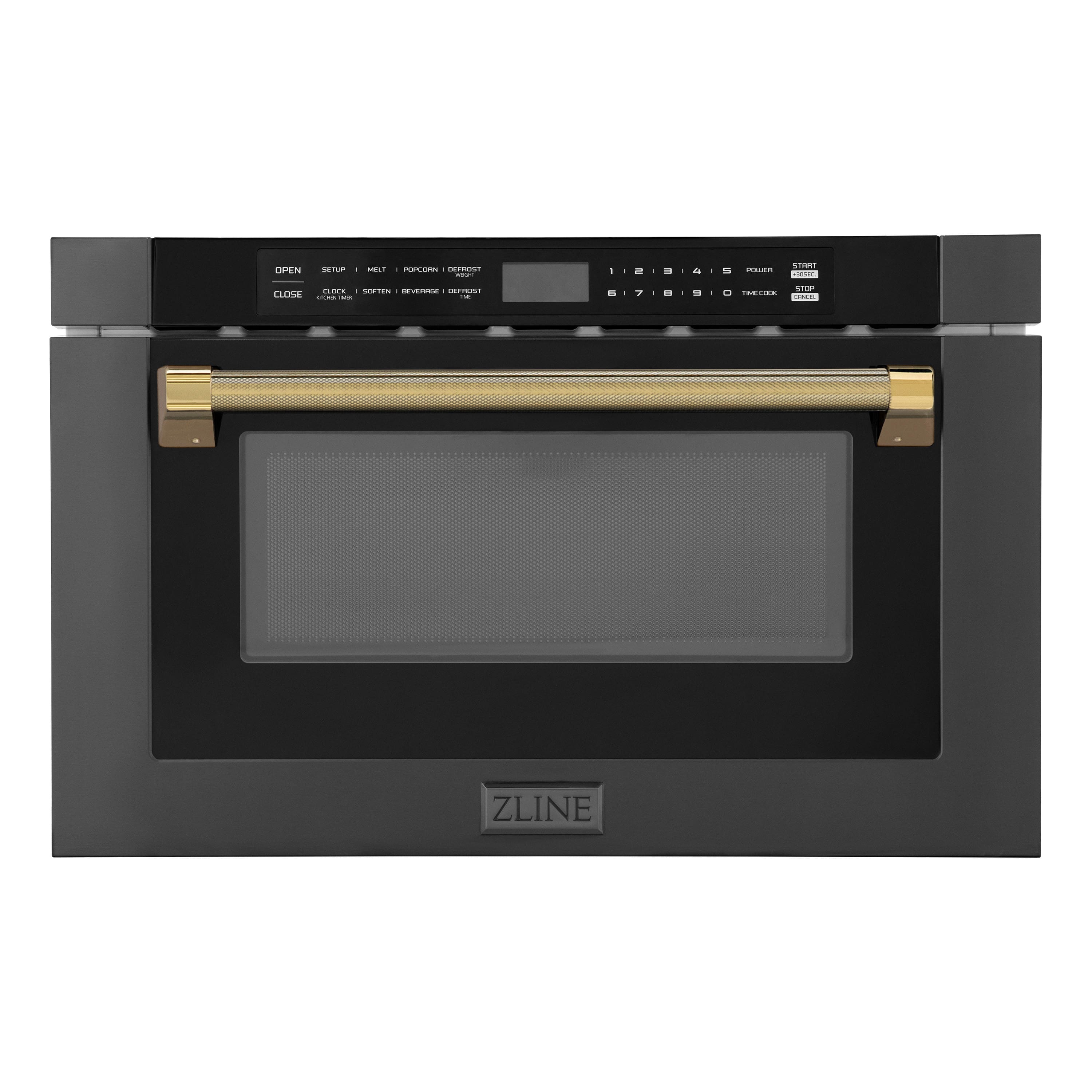 Autograph 24 in. 1.2 cu. ft. Built-in Microwave Drawer in Black Stainless Steel and Polished Gold Helix Handle Front