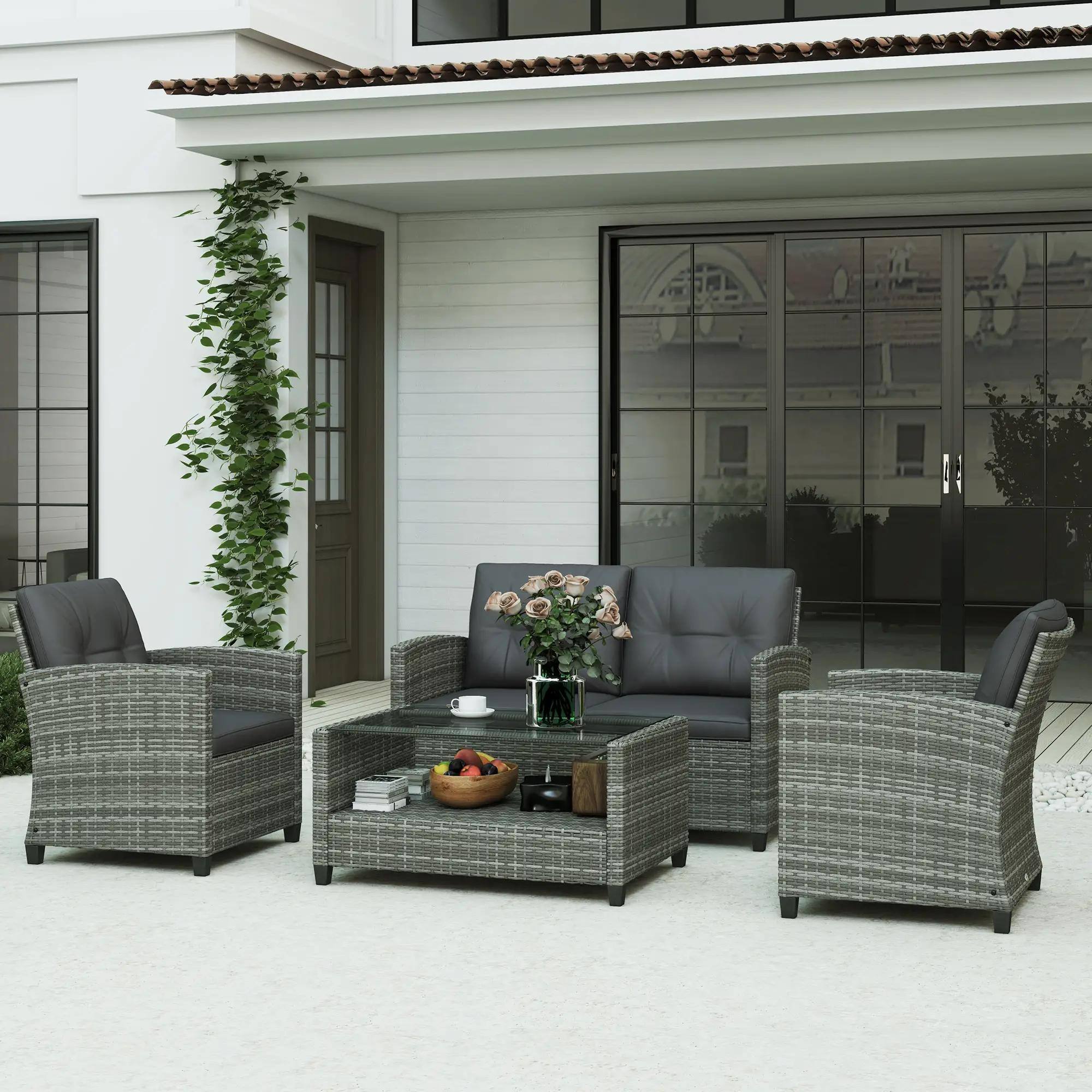 Alt View 7. Resenkos - Resenkos 4-Piece Patio Furniture Set, Outdoor Sectional Furniture, PE Rattan, Gray - Gray.