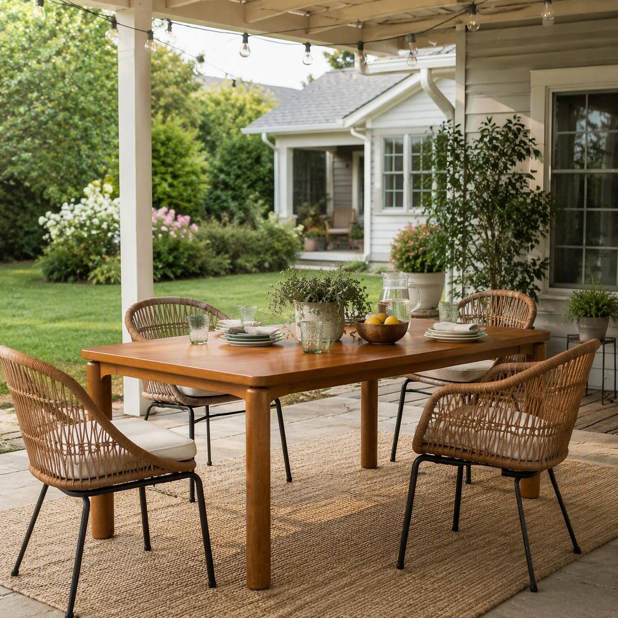 Back. RYHNUYNE - 70.28" Rubber Wood Dining Table, Walnut  Finish Rectangular Kitchen Table With Round Thick Legs for Outdoor - Walnut.