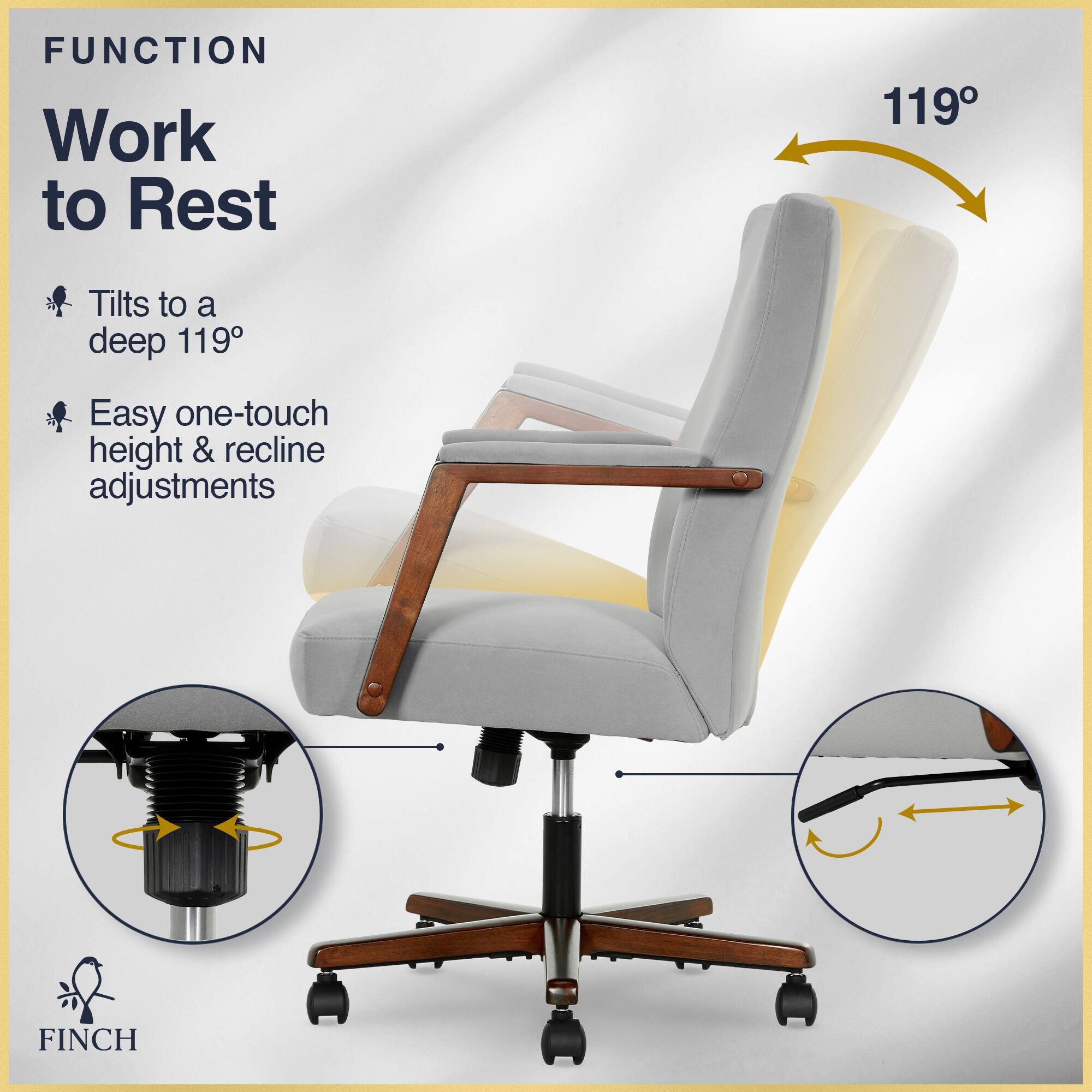 FUNCTION  
Work to Rest  
- Tilts to a deep 119°  
- Easy one-touch height & recline adjustments  

119°  

FINCH